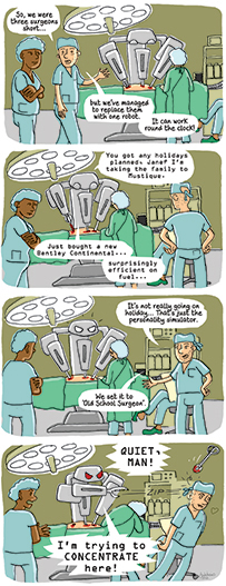 A drawing of three surgeons performing surgery and conversing with a robot
