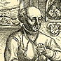 A portrait of a balding man holding a sword.