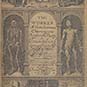 Title page of a book with portrait of Pare, skeleton, and muscular human anatomies, tools, animals, and scholars.