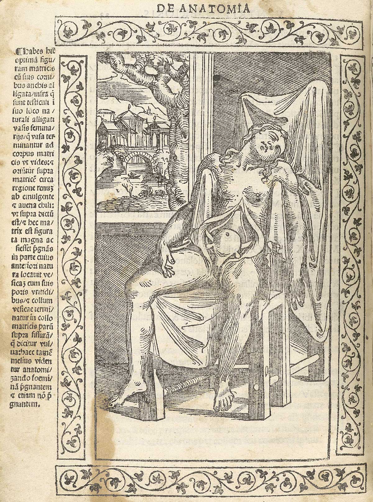 Woodcut of seated female figure with obdomen open and female reproductive organs on view; scene is indoors with window on left looking out on cityscape scene; with a woodcut border and text in Latin on the left side of page, from Berengario da Carpi’s Isagogae breues, Bologna, 1523, NLM Call no. WZ 240 B488i 1523.
