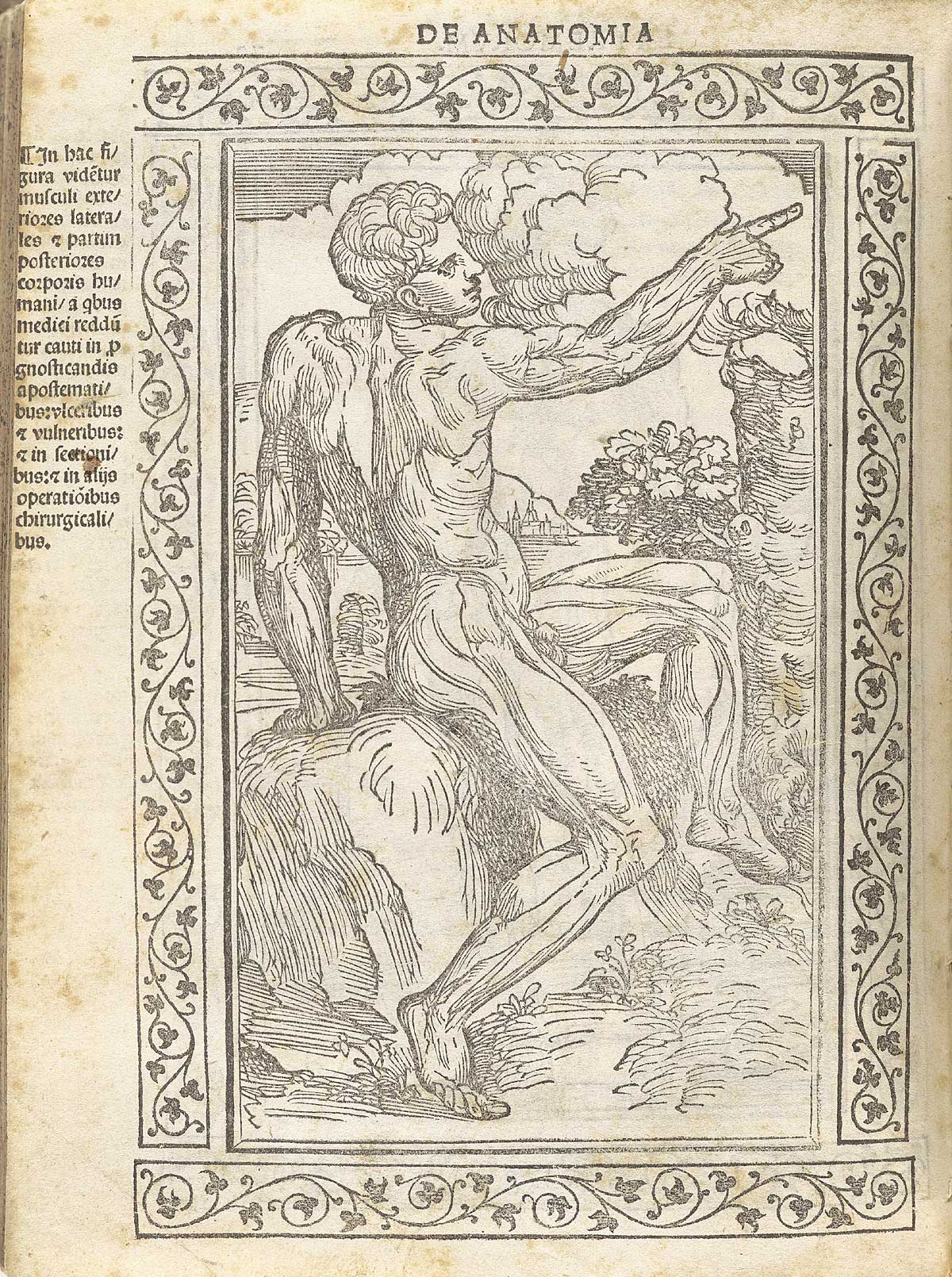Woodcut nude male figure showing musculature of the upper back and side, seated on a large rock in a pastoral setting with right hand stretched out up; with a woodcut border and text in Latin on the left side of page, from Berengario da Carpi’s Isagogae breues, Bologna, 1523, NLM Call no. WZ 240 B488i 1523.