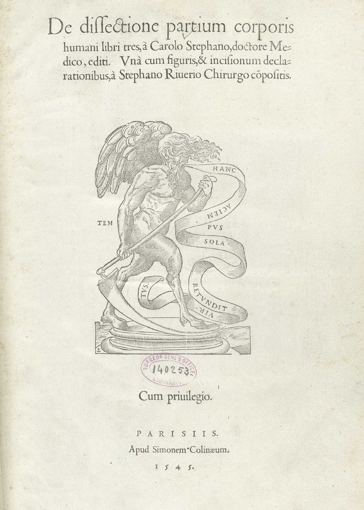 Typeset title page of Charles Estienne’s De dissection partium corporis humani libri tres, with large woodcut vignette in the middle of the page of a winged satyr walking to the right with a large scythe in his hands, NLM Call no.: WZ 240 E81dd 1545.