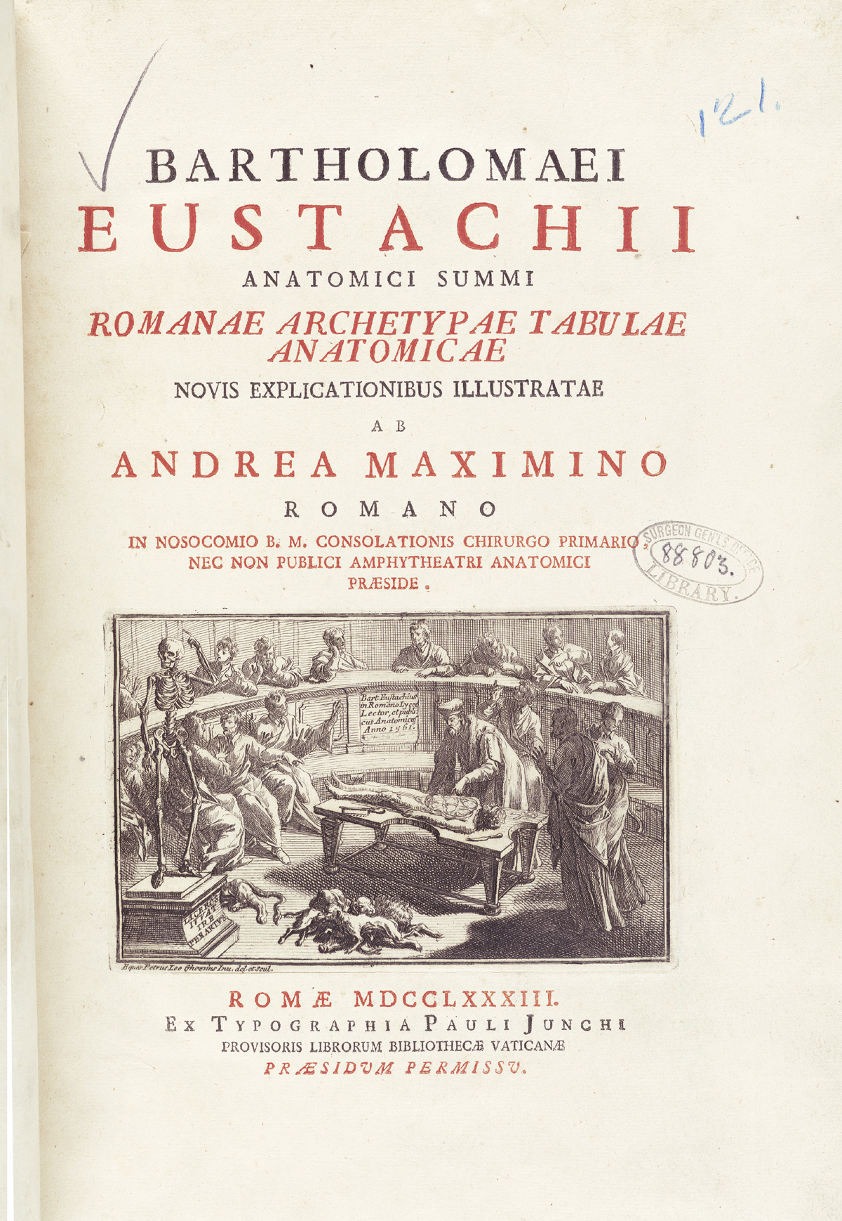 Typeset title page of Bartholomeo Eustachi’s Tabulae anatomicae in red and black ink, with a copperplate engraving in the bottom half of the page depicting a dissection scene in a theater with a physician crouched over a cadaver pointing to its open abdomen and students in the theater looking on, while to the left of the image is a fully articulated skeleton with its left arm raised as if gesticulating; from Bartholomeo Eustachi’s Tabulae anatomicae, NLM Call no.: WZ 260 E87t 1783.