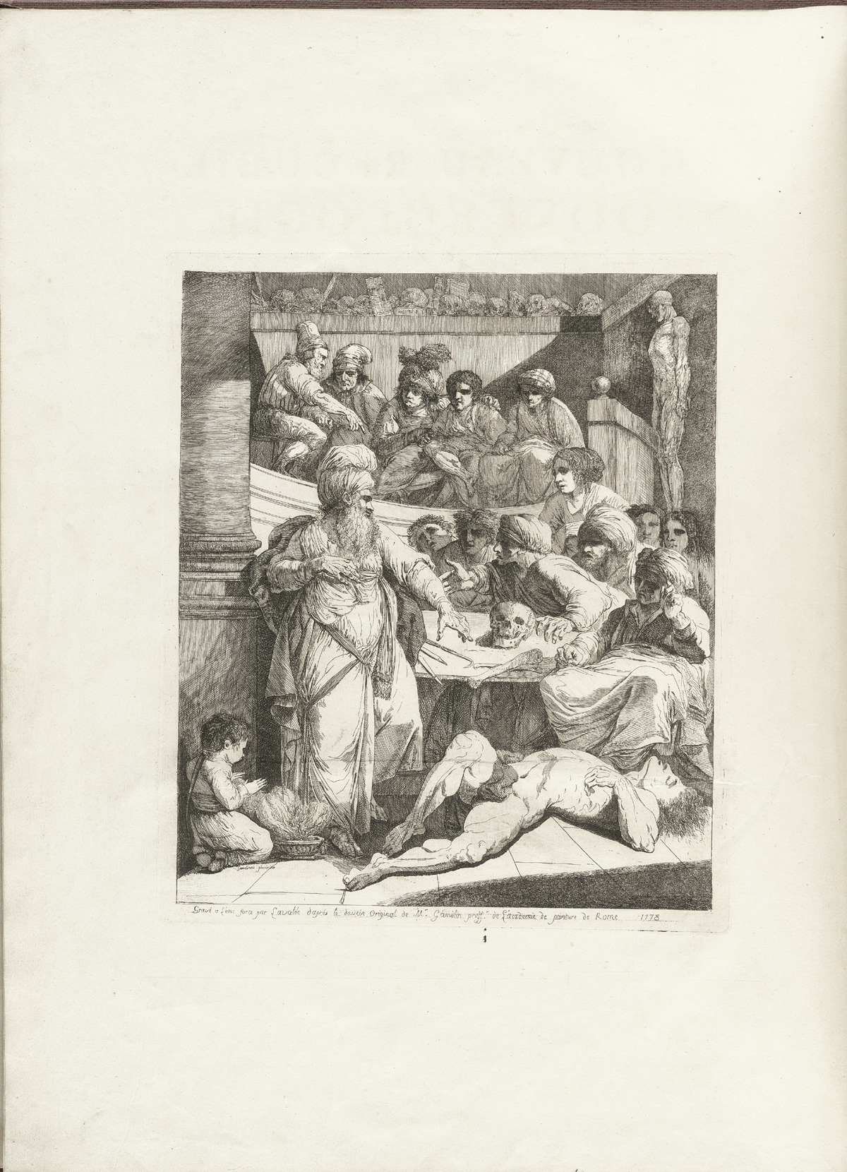 Etched and engraved frontispiece showing a lecture taking place in a Classical anatomical theater; an older man with a turban and large beard (most likely Avicenna or Rhazes) points speaks to a group of students, one of them female, as he stands in front of a table with a skull on it and a cadaver lies on the ground in front of him; in the upper right of the page is a manikin or statue, while behind the lecturer is a large column; from Jacques Gamelin’s Nouveau recueil d’osteologie et de myologie, NLM Call no.: WZ 260 G178m 1779.