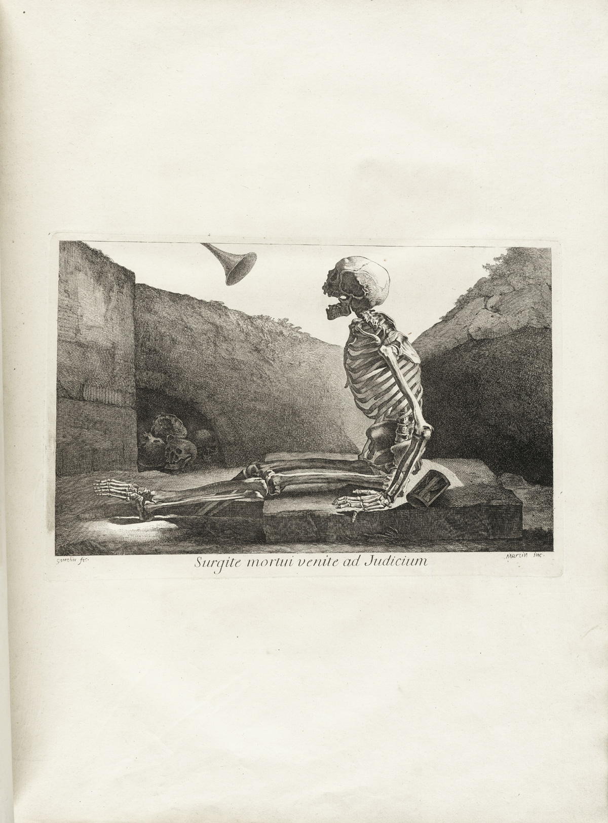 Engraving of a skeleton sitting up in a grave, viewed from the side, looking up to the bell of a horn (Gabriel’s trumpet), from Jacques Gamelin’s Nouveau recueil d’osteologie et de myologie, NLM Call no.: WZ 260 G178m 1779.