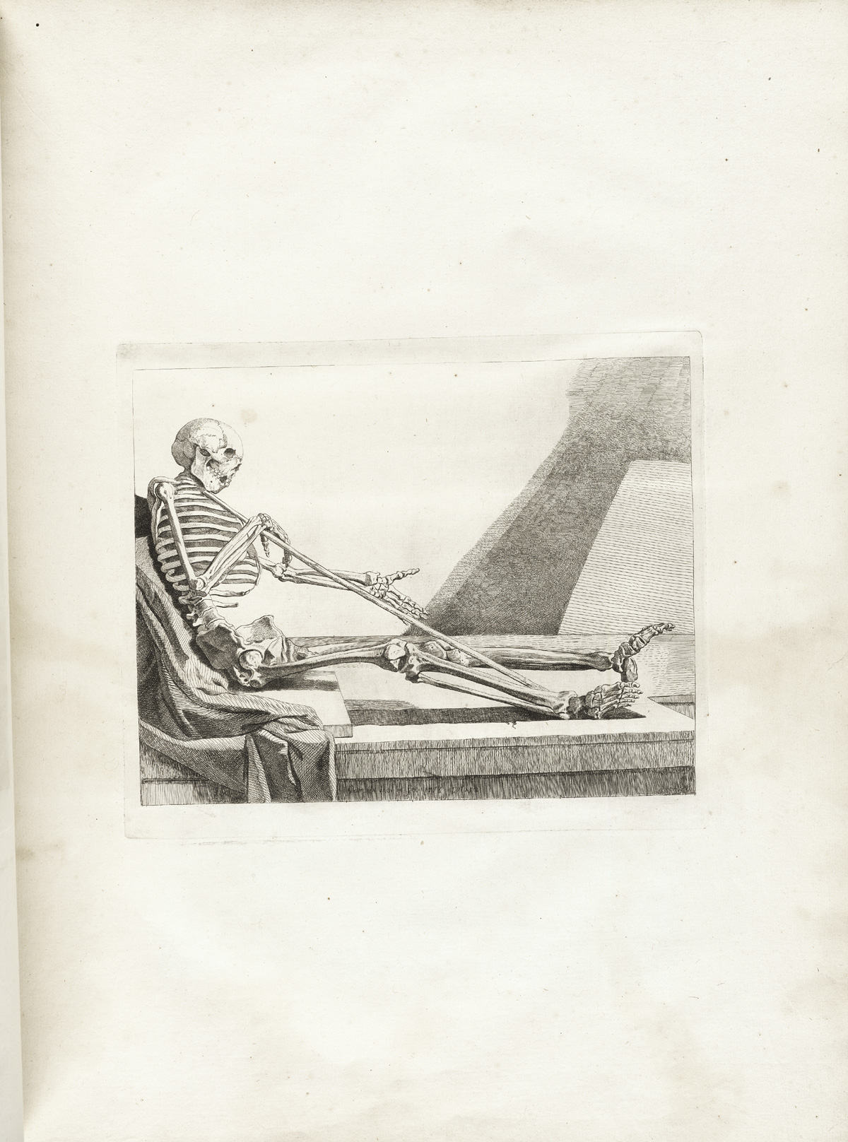 Engraving of a skeleton seated upright, viewed from the side, on a marble slab facing the right side of the page, from Jacques Gamelin’s Nouveau recueil d’osteologie et de myologie, NLM Call no.: WZ 260 G178m 1779.