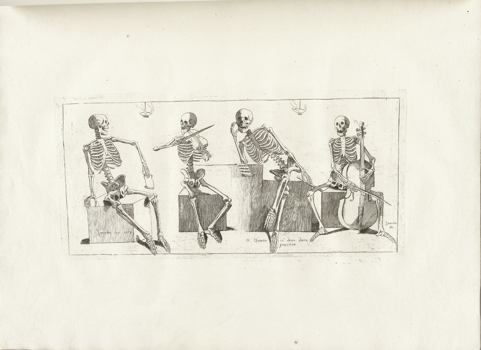 Engraving of four seated skeletons, the one on the far right playing a cello, just to his right the skeleton holds a flute but is not playing as he leans on his right elbow; at the far left the skeleton views the others playing, and just to his right a skeleton plays the violin; from Jacques Gamelin’s Nouveau recueil d’osteologie et de myologie, NLM Call no.: WZ 260 G178m 1779.