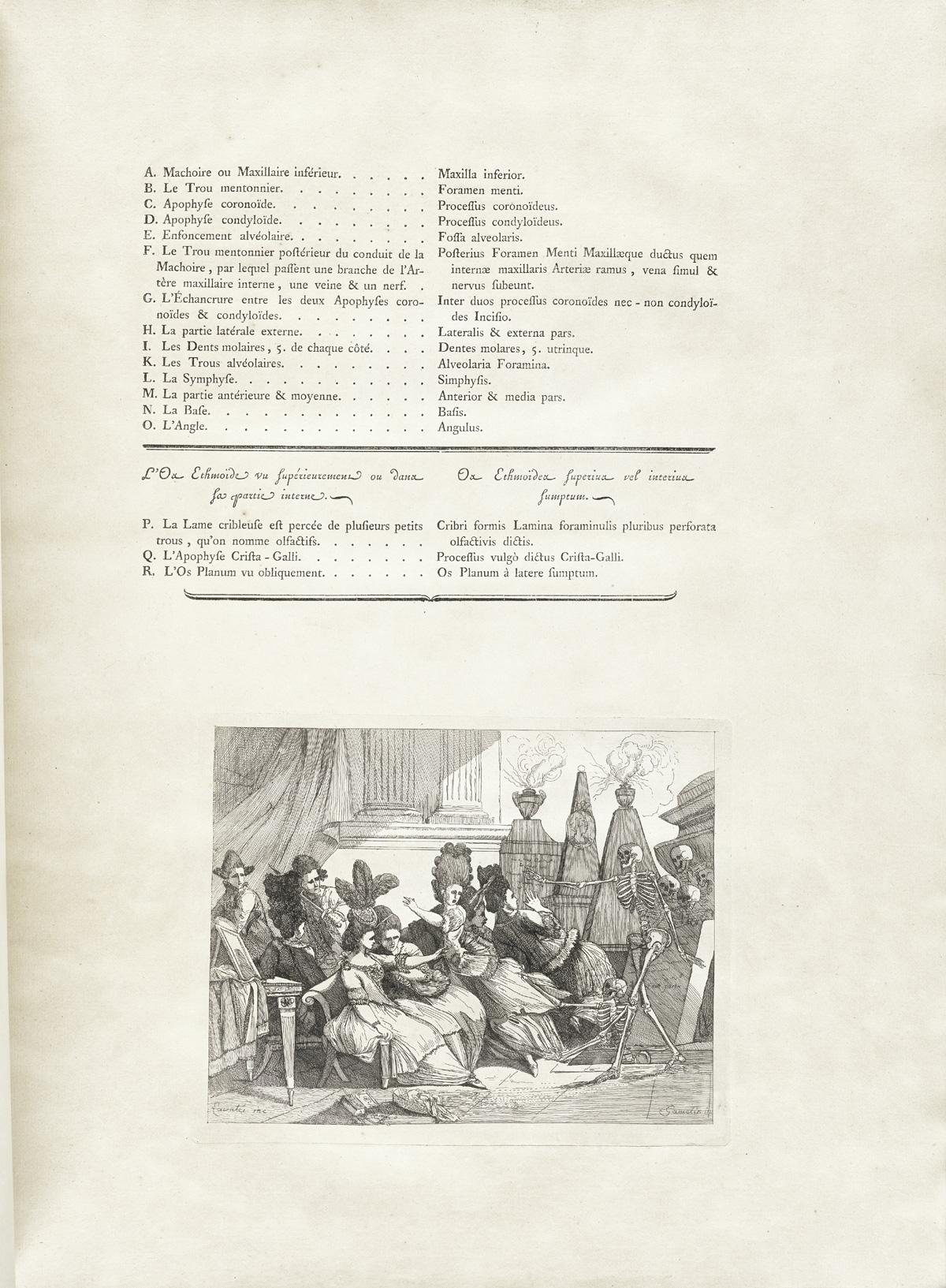 Page of typeset text with an engraving in the bottom half of the page depicting two skeletons on the right hand side of the page attacking a group of well-dressed, wealthy crowd of men and women in 18th-century French dress who are attempting to escape to the left side of the image; around them are tables and chairs found in a salon or conservatory; from Jacques Gamelin’s Nouveau recueil d’osteologie et de myologie, NLM Call no.: WZ 260 G178m 1779.