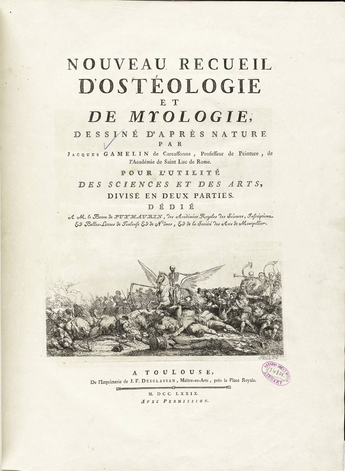 Typeset title page of Jacques Gamelin’s Nouveau recueil d’osteologie et de myologie with an engraved vignette at the bottom of the page showing death as a skeleton holding a large scythe and riding a winged horse through a battlefield with the bodies of horses and strewn about and with a procession of skeletons behind; NLM Call no.: WZ 260 G178m 1779.