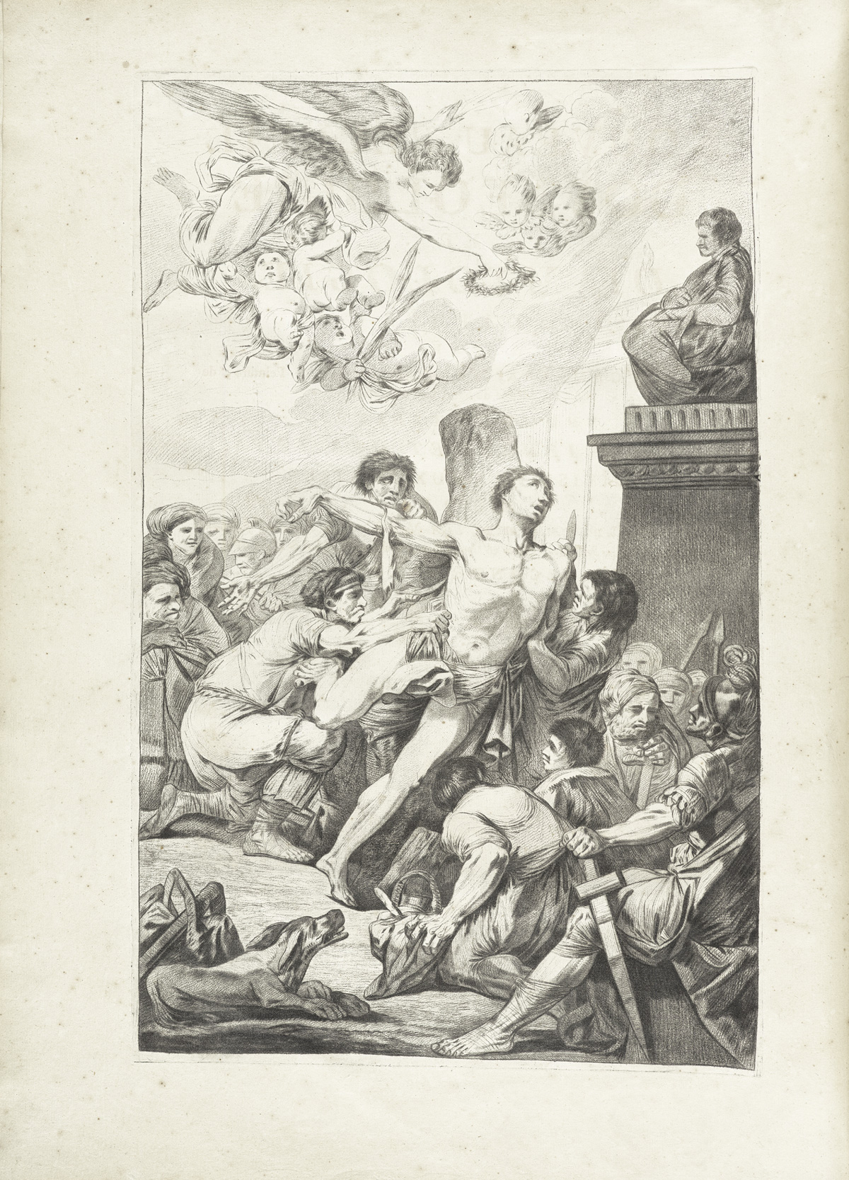 Etched engraved frontispiece of Saint Bartholomew about to be flayed by a crowd; Bartholomew is held down struggling by three men, one with a flaying knife in the center of the page, with male and female onlookers on all sides and a Classical temple to the right; above flies a large angel with six cherubs in attendance; from Jacques Gamelin’s Nouveau recueil d’osteologie et de myologie, NLM Call no.: WZ 260 G178m 1779.