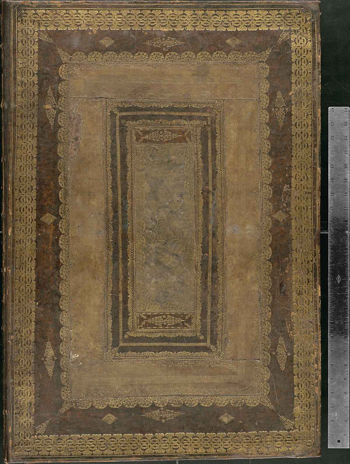 Panel binding of the front cover of NLM’s copy of Jacques Fabian Gautier d’Agoty’s Anatomie générale des viscères en situation, mainly featuring concentric rectangular panels with abundant gilding and use of goat skin; to the right is a yard stick, showing that the binding is about 1.5 meters in size, NLM Call no.: WZ 260 G283c 1745.