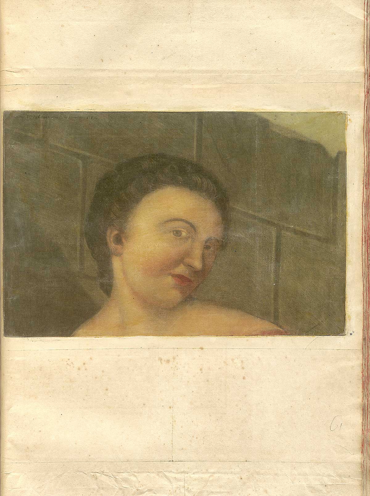Color mezzotint of a woman’s head, looking towards the viewer but turned about 45 degrees to the right; from Jacques Fabian Gautier d’Agoty’s Anatomie générale des viscères en situation, NLM Call no.: WZ 260 G283c 1745.