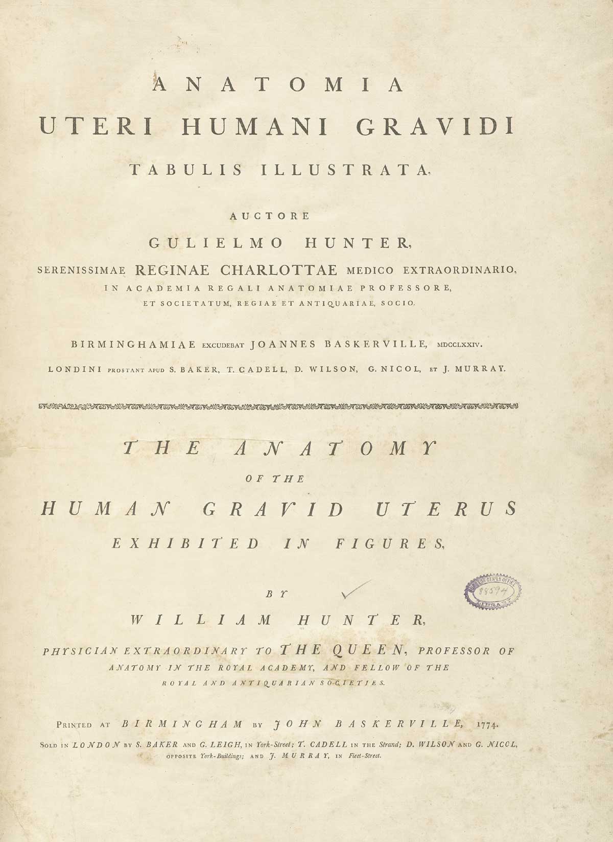The titlepage of William Hunter's Anatomia uteri humani gravidi tabulis illustrata.