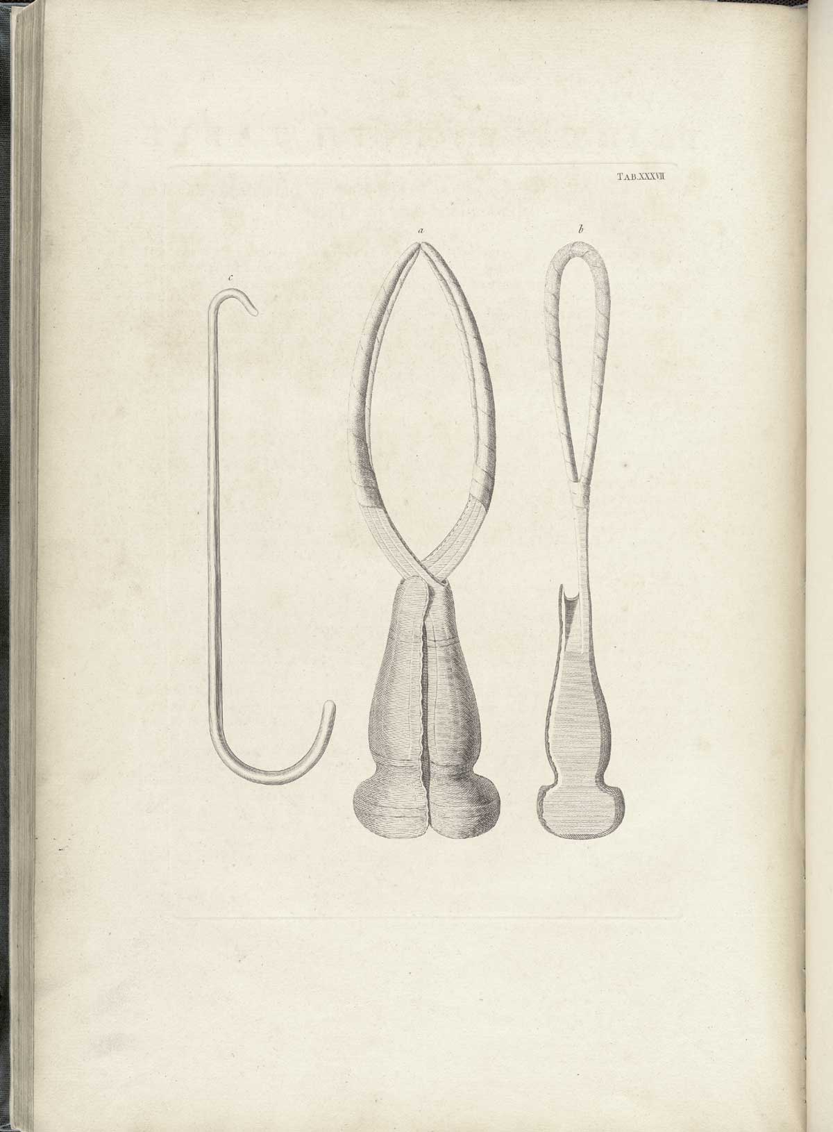 Table 37 of William Smellie's A sett of anatomical tables, with explanations, and an abridgment, of the practice of midwifery, featuring a birthing hook and two types of forceps.