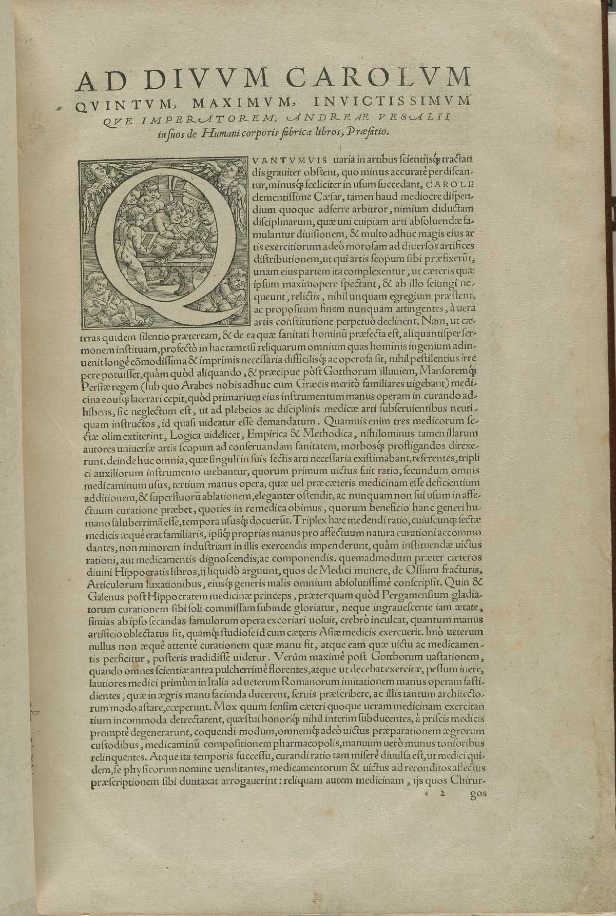 The dedication page of Andreas Vesalius' De corporis humani fabrica libri septem.
