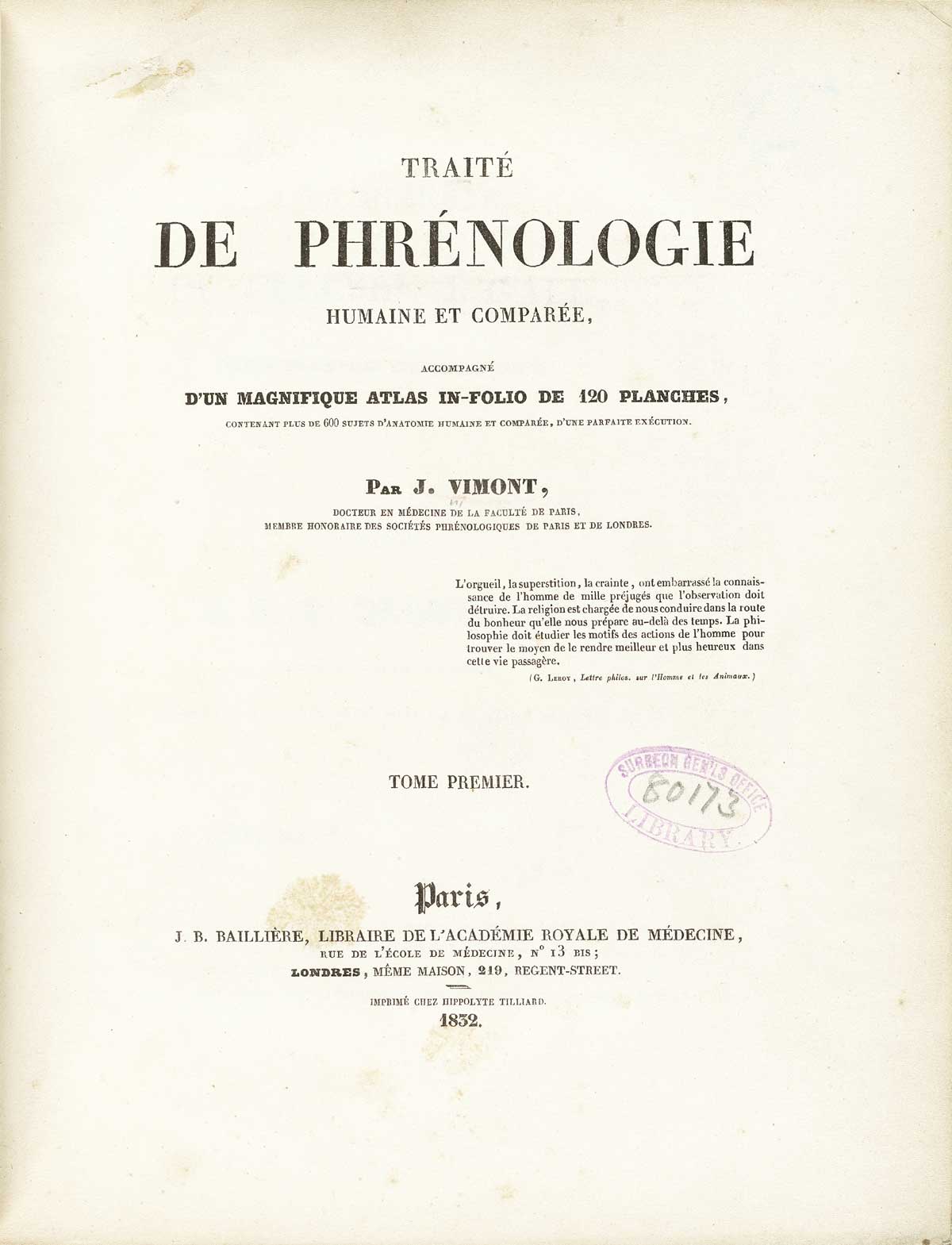 Title page of volume 1 of Joseph Vimont's Traité́ de phrénologie humaine et comparée.