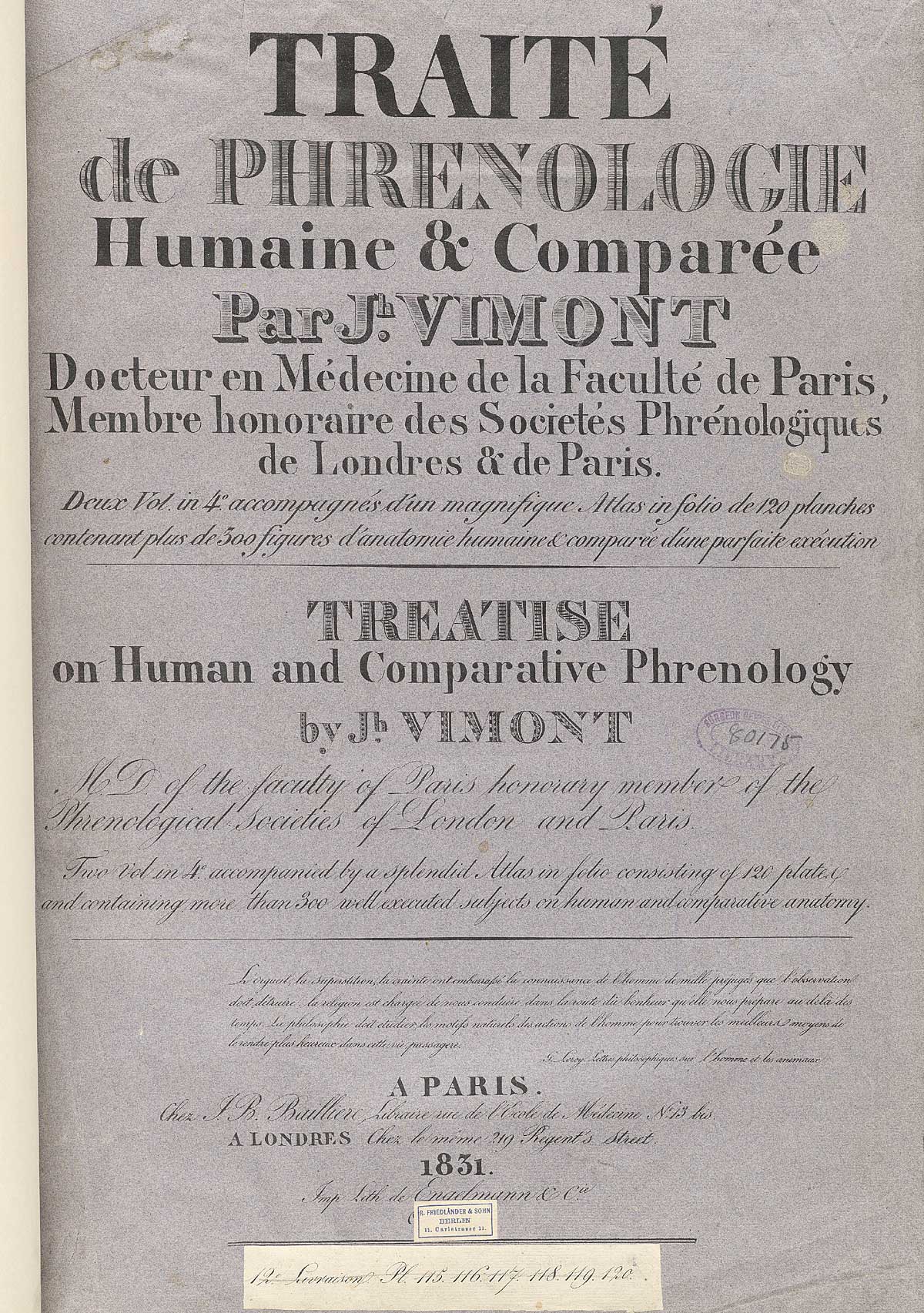 Title page of the atlas volume of Joseph Vimont's Traité de phrénologie humaine et comparée.