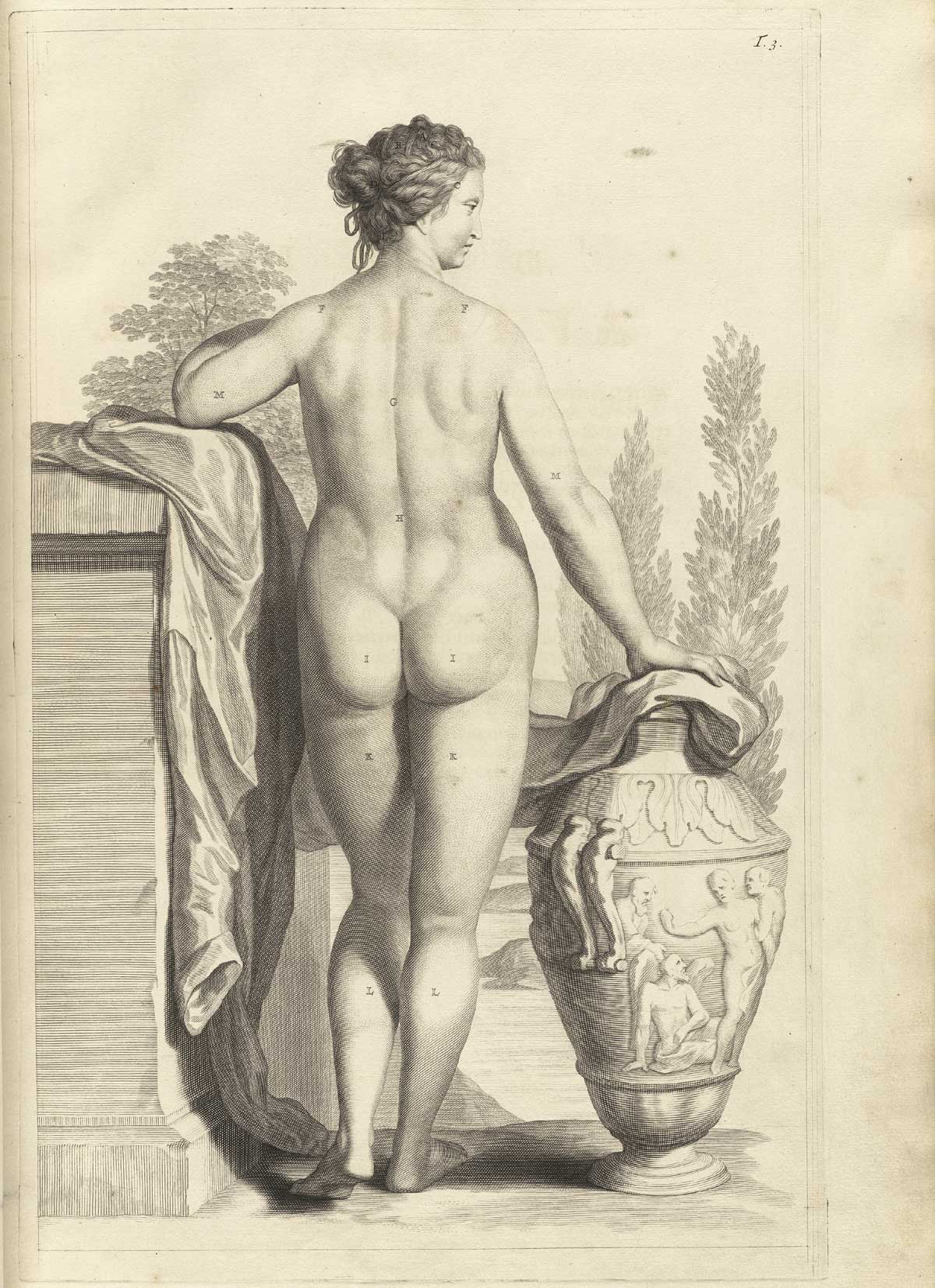 Engraved rear-facing female nude figure, standing in Classical pose looking to the right with her right hand on top of a large urn and left on a Classical pediment, with index letters pointing to different parts of the body, from Govard Bidloo’s Ontleding Des Menschelyken Lichaams, Amsterdam, 1690, NLM Call no. WZ 250 B5855anDu 1690.