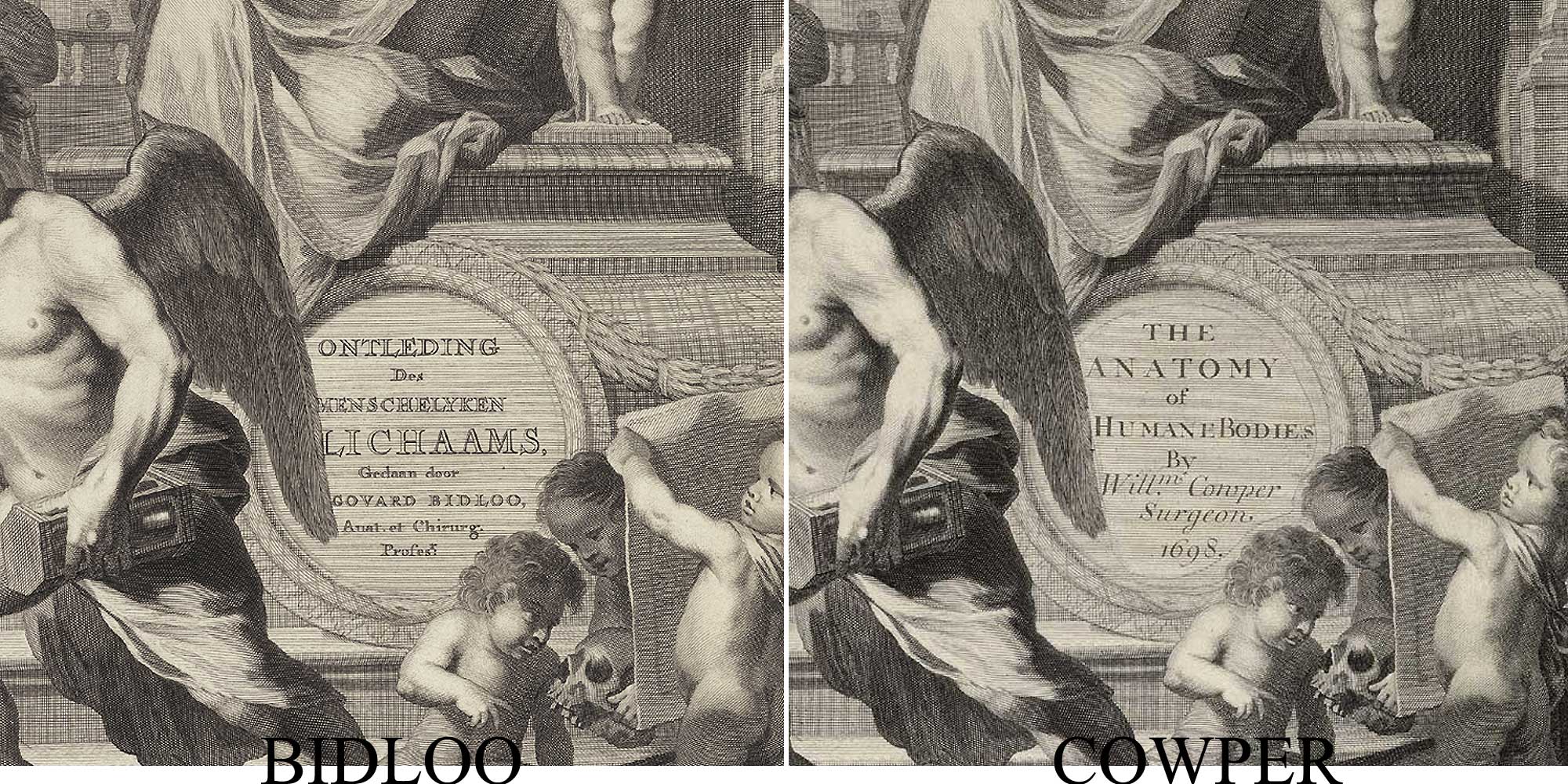 Details of engraved title pages of Govard Bidloo’s Ontleding Des Menschelyken Lichaams (Amsterdam, 1690) and William Cowper’s Anatomy of the Humane Bodies (Oxford, 1698), showing how Cowper altered the page to make it appear to be his own original work; the English and Dutch titles appear in the same round medallion amidst an allegorical scene with angels to the left and down below.