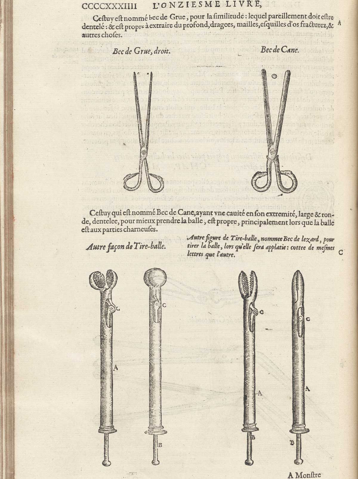 Page CCCCXXXIIII which features surgeon's tools made like a crane bill and a duck bill (Bec de Cane), and an instrument to pull bullets from a body (Tire-balle).