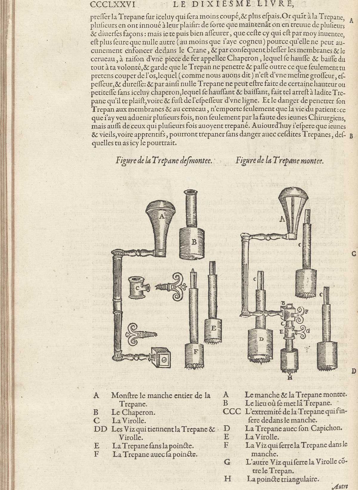 Page CCCLXXVI which features surgical crown saws (Trepane) with descriptive text.