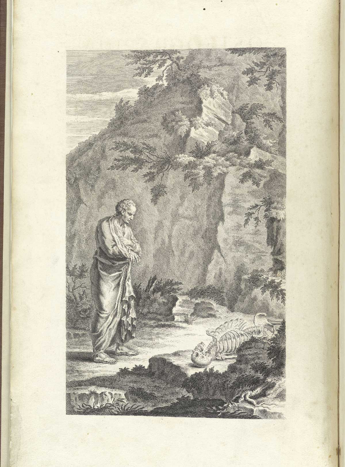Engraved frontispiece of a classical scene in a pastoral setting with a scientist in a toga, perhaps Galen, viewing an exposed skeleton laying on the ground on its back, with a tree on the right hand side of the image; from William Cheselden’s Osteographia, NLM Call no.: WZ 260 C499o 1733.