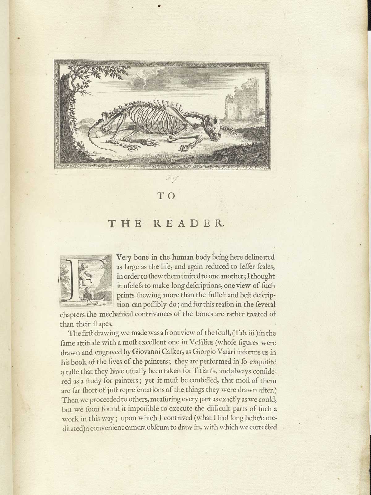 Typeset page of text entitled, 'To the Reader,' with a large engraved headpiece of a dog skeleton in a pastoral setting laying down asleep with its head pointing to the right of the image; from William Cheselden’s Osteographia, NLM Call no.: WZ 260 C499o 1733.