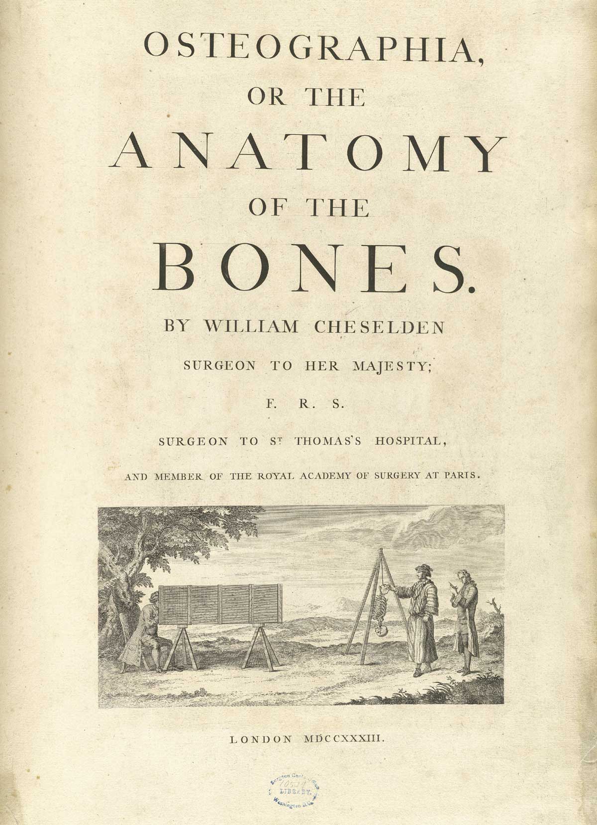 Typeset title page of William Cheselden’s Osteographia with an engraved vignette at the bottom of the image of two men at the right adjusting a skeleton hanging upside down from a tripod stand with a man on the left viewing it through a camera obscura; NLM Call no.: WZ 260 C499o 1733.