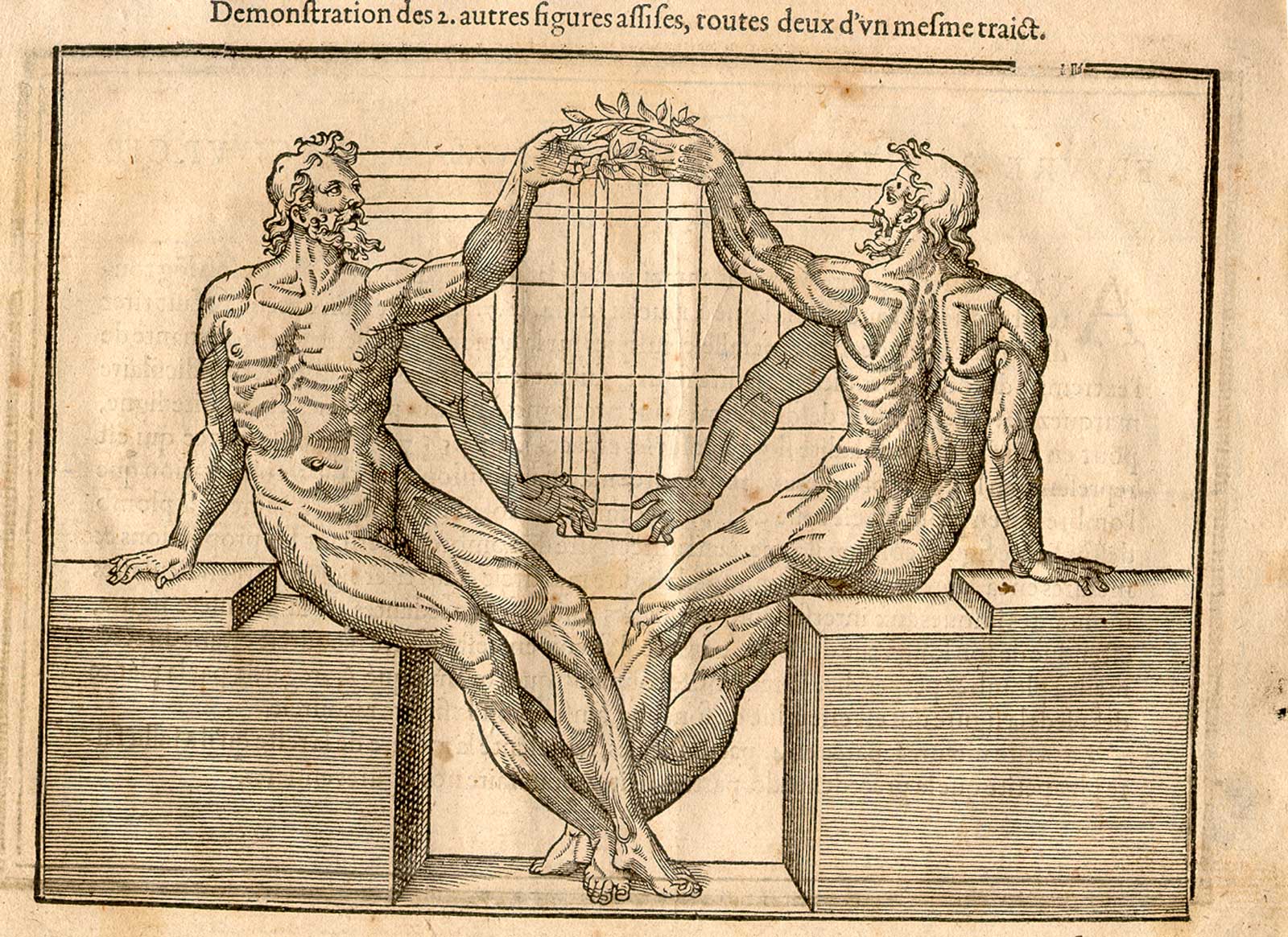 Woodcut illustration of two nude male anatomical figures reclining on large pediments, viewed from front and back, both images in identical poses facing each other with left hands uplifted with hands open, both images showing the proportions of the figure measured out, from Jehan Cousin’s Livre de pourtraiture, NLM Call no.: WZ 250 C8673L 1608.