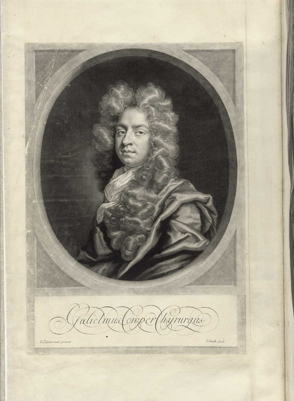 Engraved portrait of William Cowper from the original painting by John Closterman, engraved in mezzotint by John Smith; Cowper is shown wearing a large wig typical of the late 17th century with flowing robes, with his name engraved beneath, from his Anatomy of the humane bodies, NLM Call no.: WZ 250 C876a 1698.