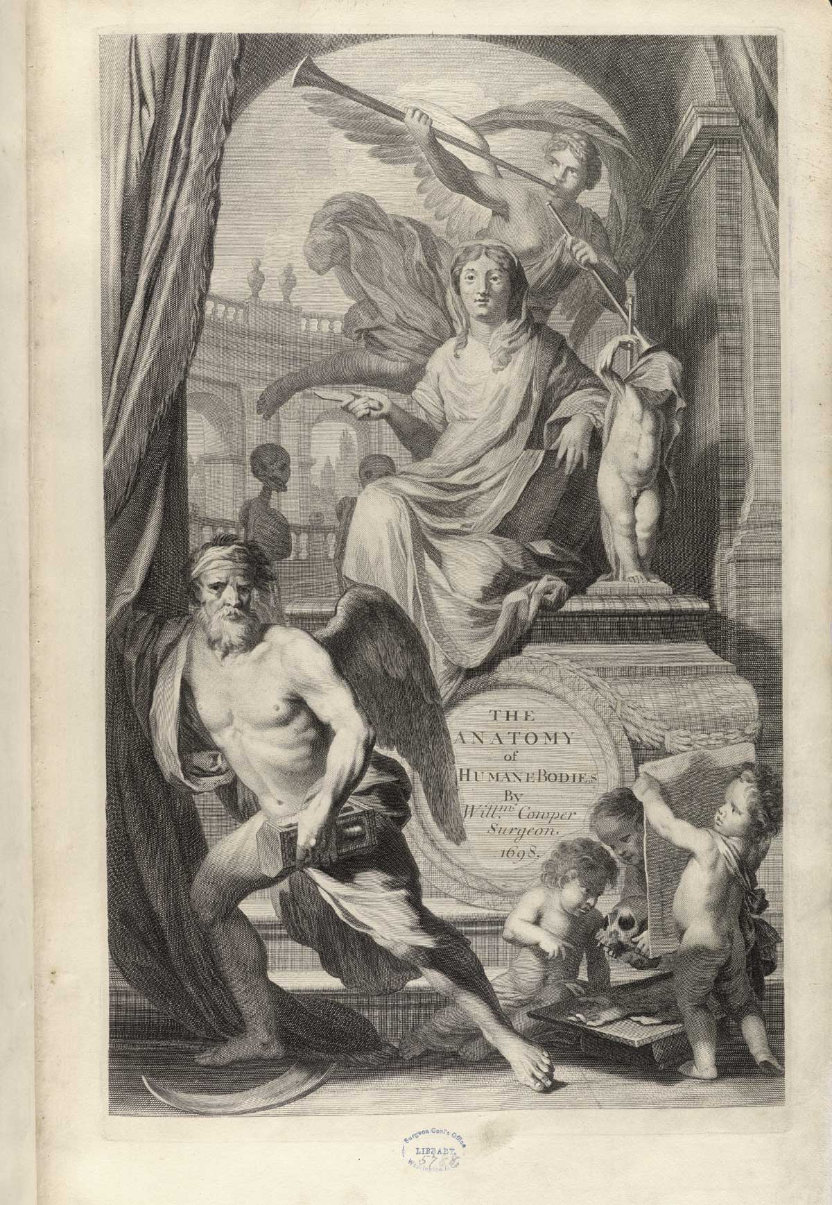 Engraved title page with allegorical scene featuring a goddess of wisdom seated on a throne with an angel above her blowing a horn, the throne engraved with the books title, and to the left underneath is an older bearded angel holding a scientific instrument in his left had, and in the bottom right corner are three babies looking at a skull and dissected arm; in the background is a Greek temple and two skeletons conversing, from William Cowper’s Anatomy of the humane bodies, NLM Call no.: WZ 250 C876a 1698.