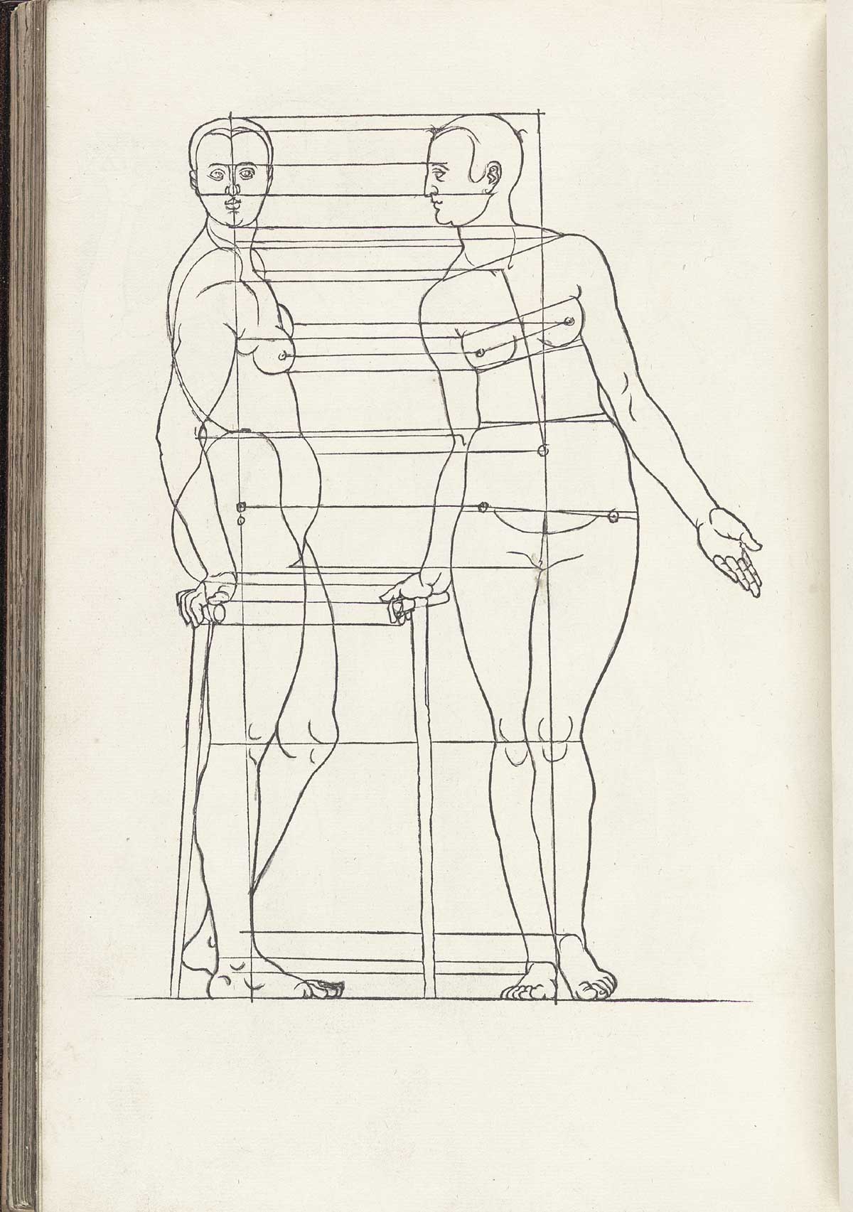 Woodcut image of two thin standing nude female figures each holding a cane in the right hand, the one on the right with her body facing the viewer but looking to the left and the one on the left standing in profile but facing the viewer, both with horizontal lines cutting across the figures showing proportions, for instance from the bottom of the chin to the top of the shoulder, from Albrecht Dürer’s Vier Bücher von menschlicher Proportion, NLM Call no. WZ 240 D853v 1528.
