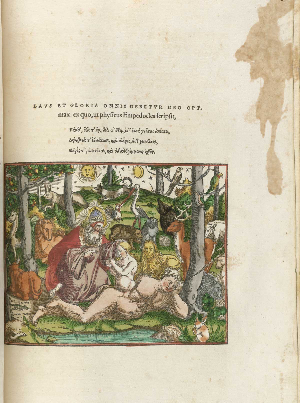 The colophon from volume 1 of Conrad Gessner's Conradi Gesneri medici Tigurini Historiae animalium, featuring the colored woodcut of the Garden of Eden with Adam and Eve and all of the animals.