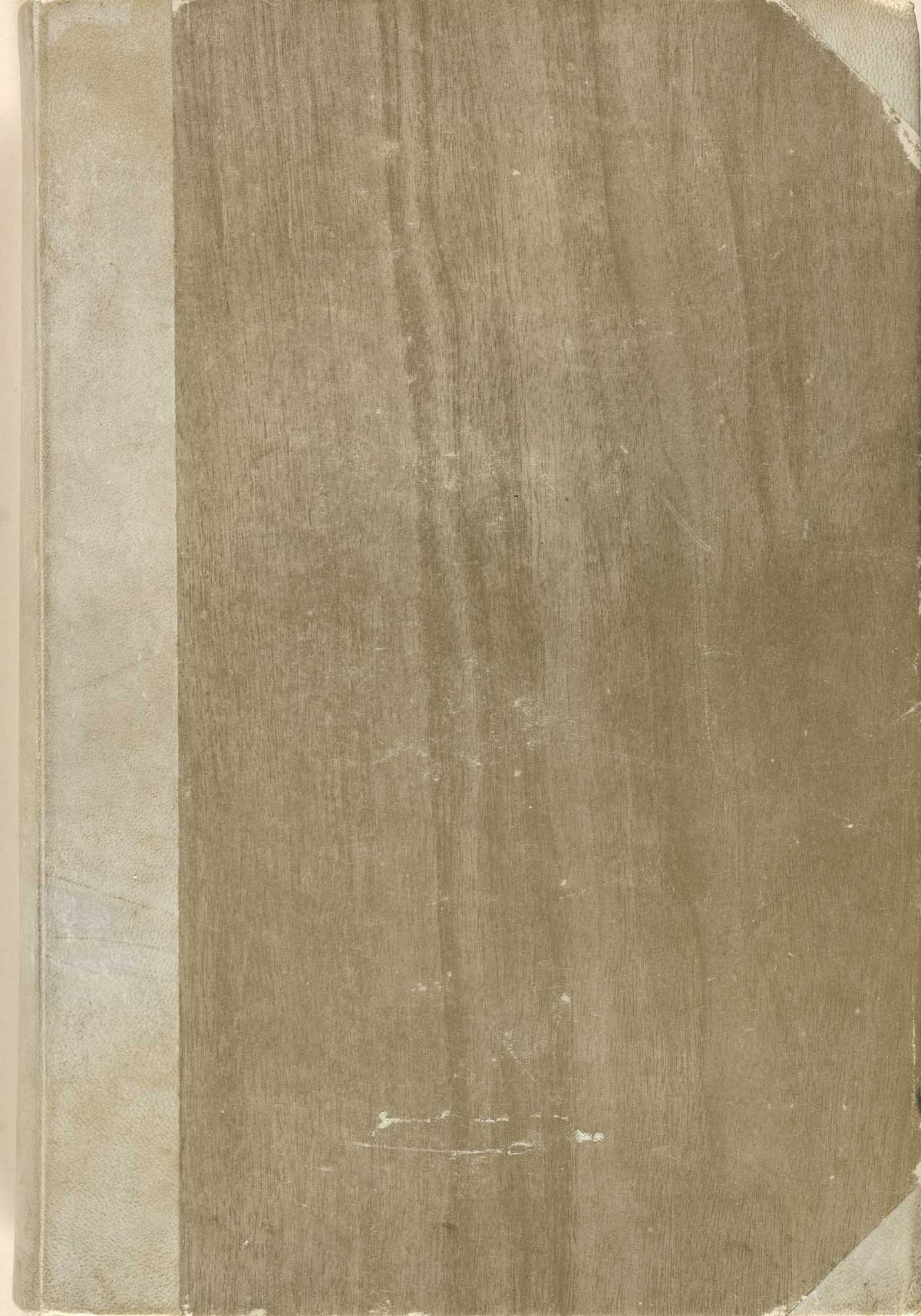 The cover from volume 4 Conrad Gessner's Conradi Gesneri medici Tigurini Historiae animalium, featuring a vellum spine, brown cover and vellum corners.