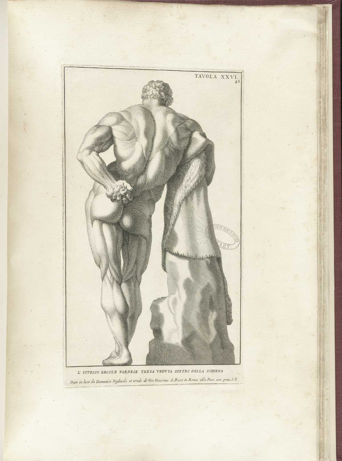 Engraving of the statue of Laocoon without his sons or the large snake which ate them; the nude facing seated figure has his left arm raised in struggle clenched in a fist as his right arm pushes down at his side, also with a clenched fist; his face faces the viewer with a look of struggle and agony; from Bernardino Genga’s Anatomia per uso et intelligenza del disegno, NLM Call no.: WZ 250 G329an 1691.