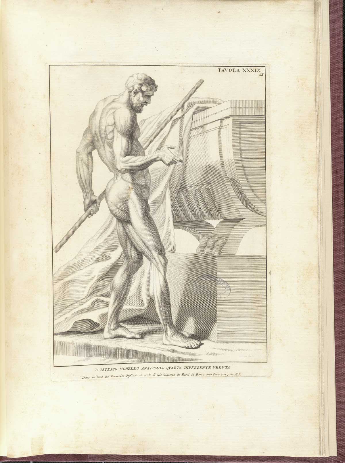Engraving of a classical scene featuring a nude muscular faun, human in every way except for goat’s horns, viewed from the right side as he holds a spear in his left hand and faces a marble sarcophagus with a large sheet draped over it and to the faun’s left; from Bernardino Genga’s Anatomia per uso et intelligenza del disegno, NLM Call no.: WZ 250 G329an 1691.