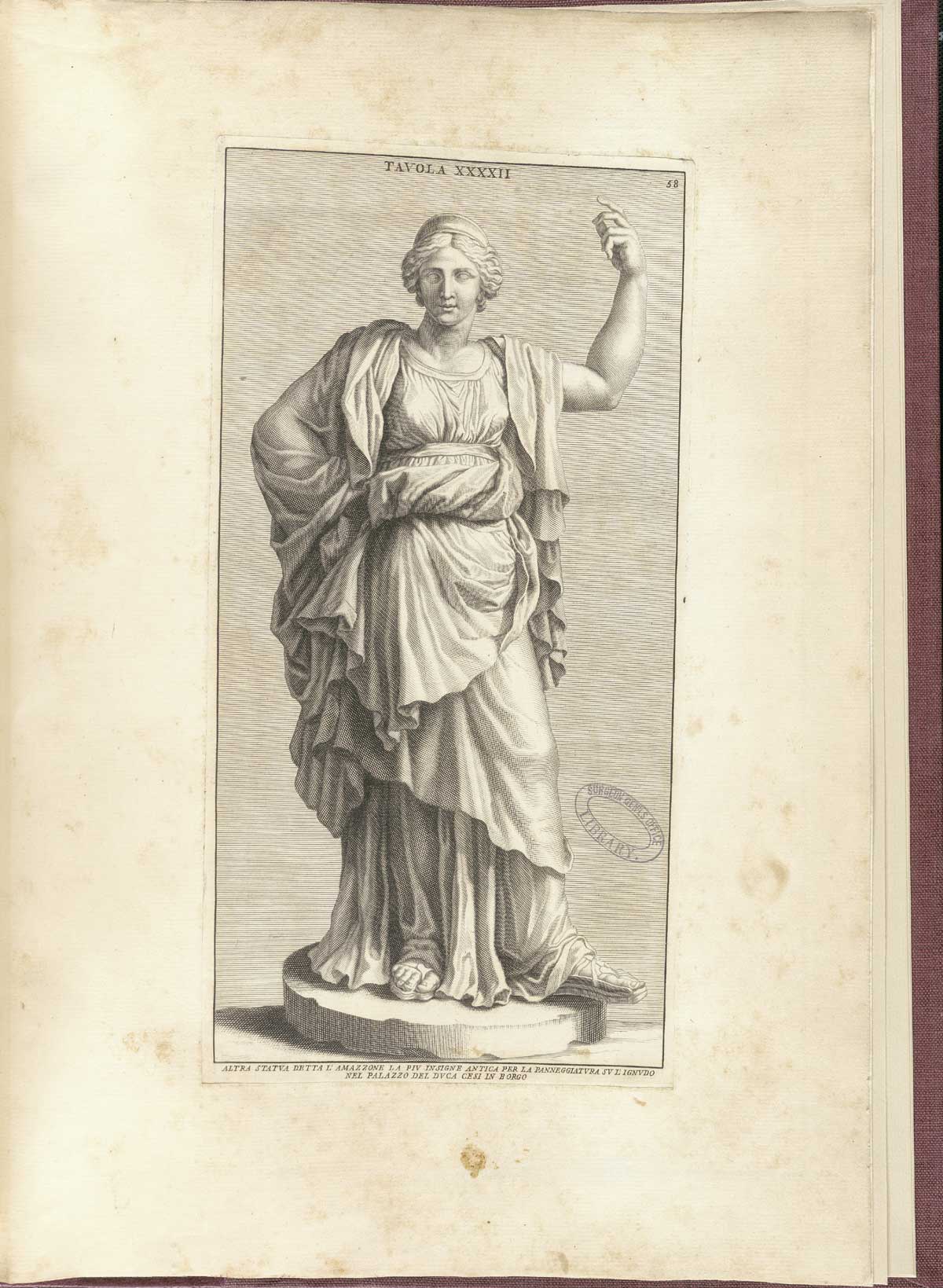 Engraving of a standing, facing statue of an Amazon wearing copious robes and with large sandaled feet, from Bernardino Genga’s Anatomia per uso et intelligenza del disegno, NLM Call no.: WZ 250 G329an 1691.