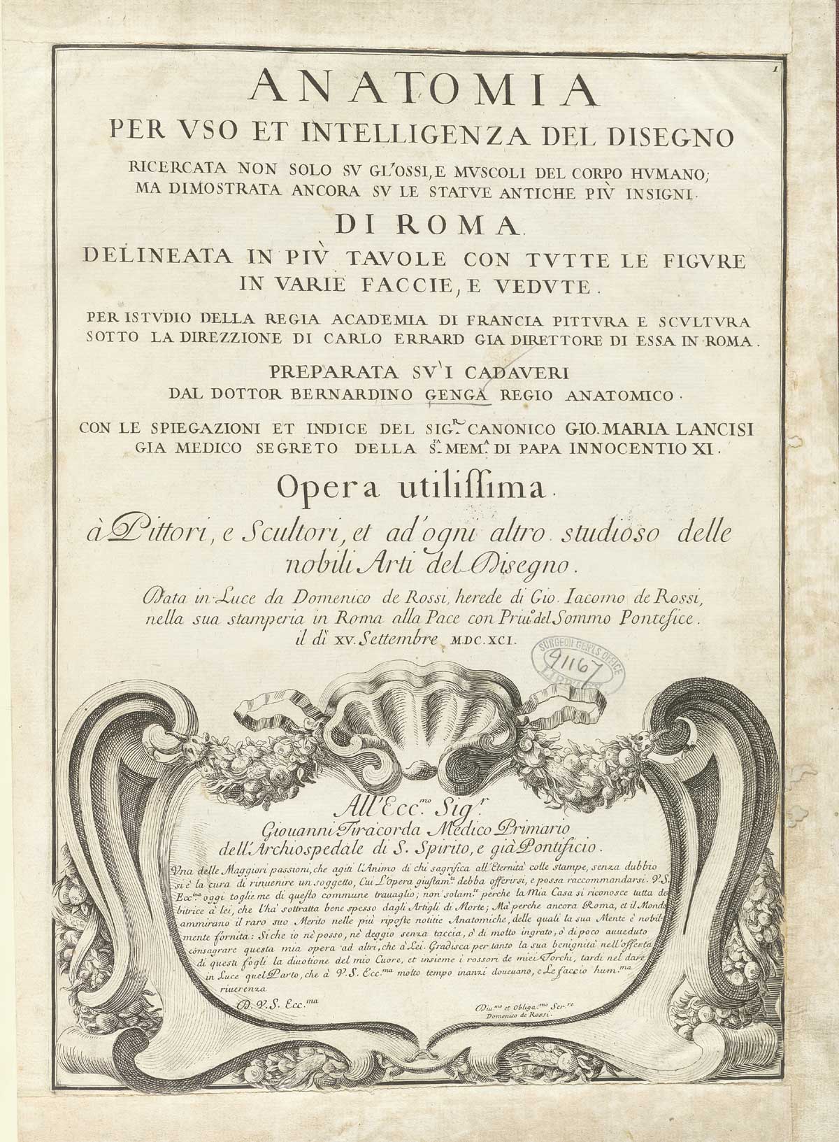 Engraved title page for Bernardino Genga’s Anatomia per uso et intelligenza del disegno, with a floriated frame at the bottom containing the dedication statement; NLM Call no.: WZ 250 G329an 1691.