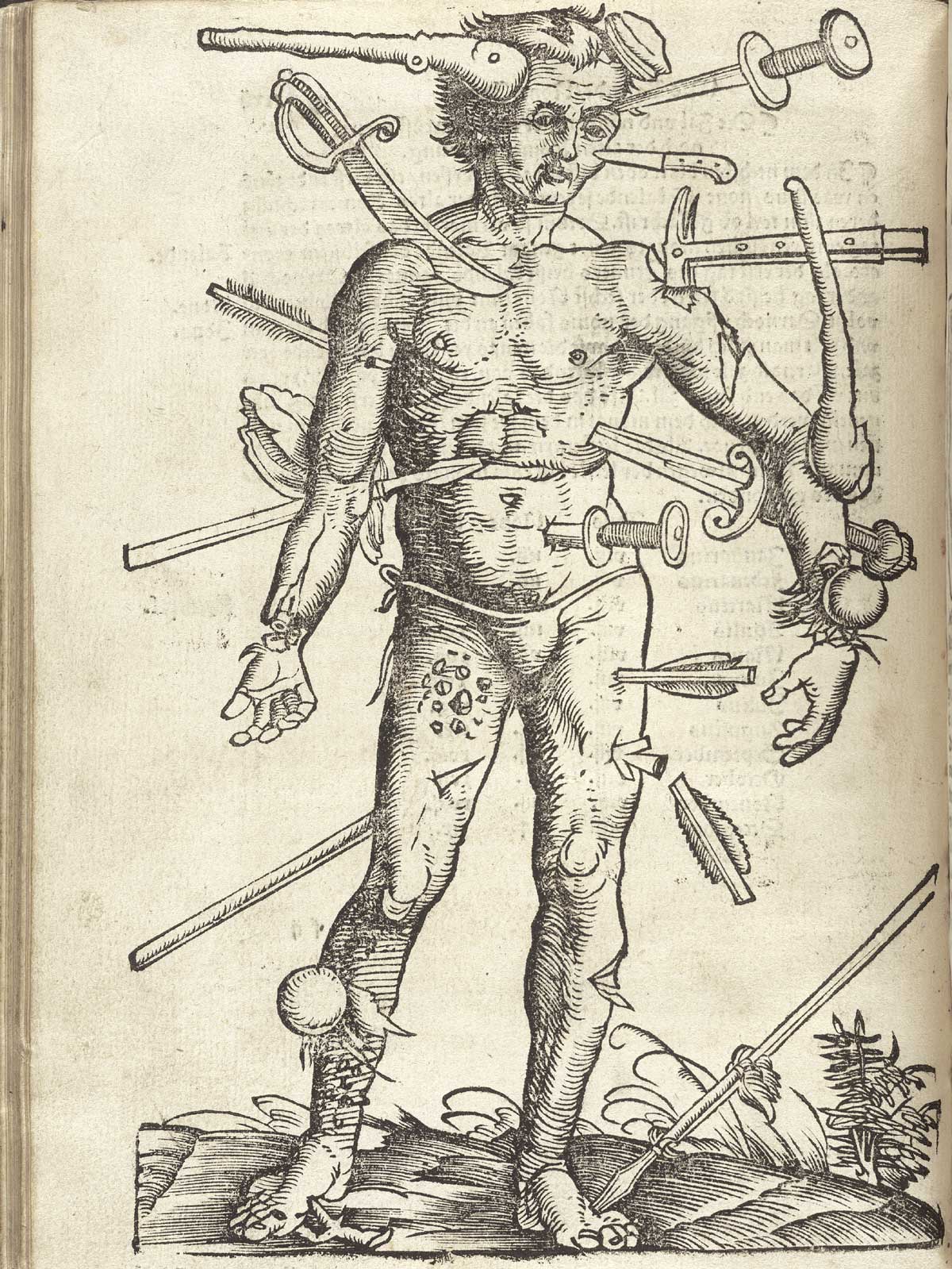 Verso of page 21 of Hans von Gersdorff's Feldtbuch der Wundartzney: newlich getruckt und gebessert, featuring the illustration of a full-length frontal view of a man with wounds from many different kinds of weapons.