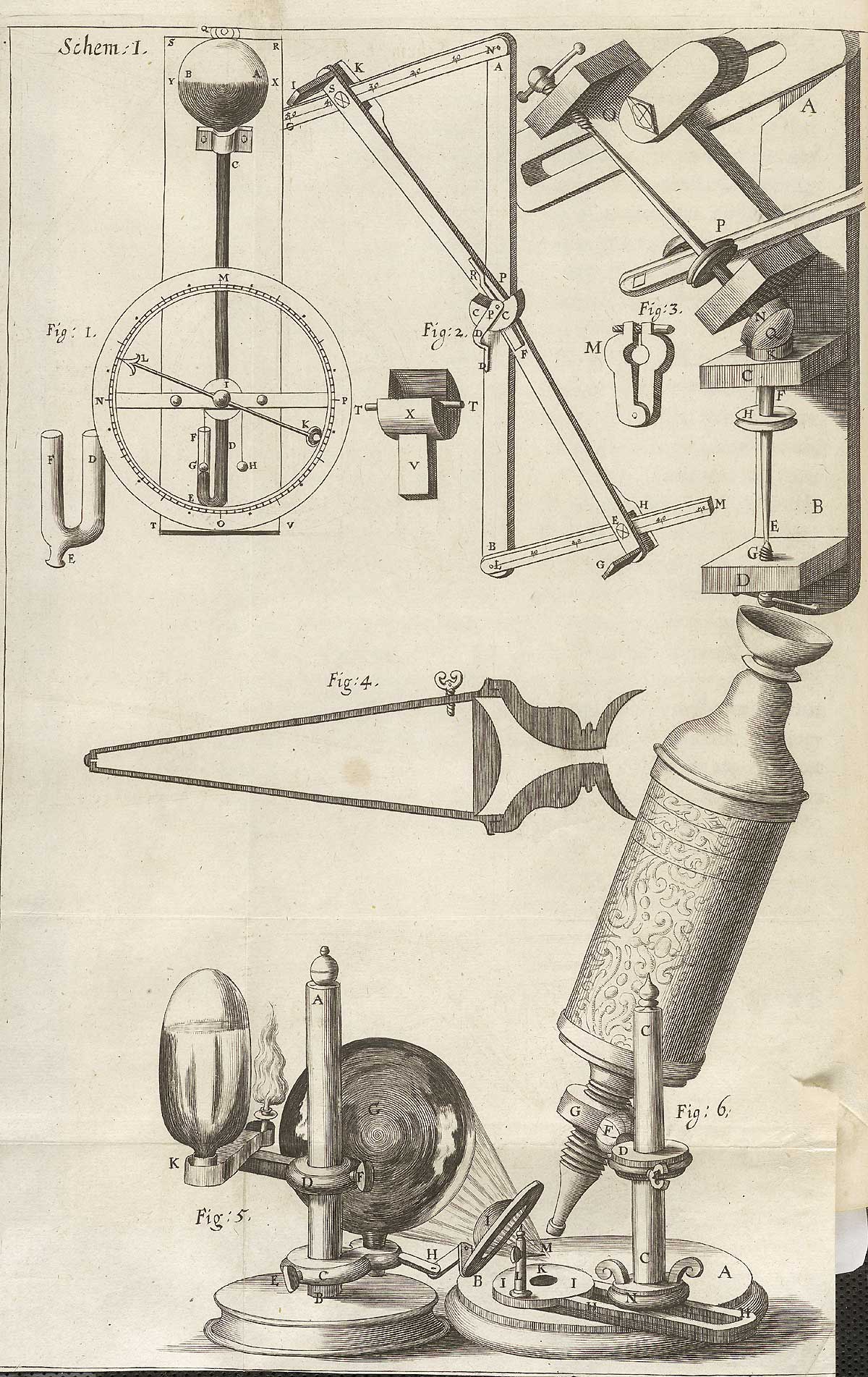 Engraving of Robert Hooke’s microscope at bottom right of page, with other parts of the apparatus in the top half of the page.