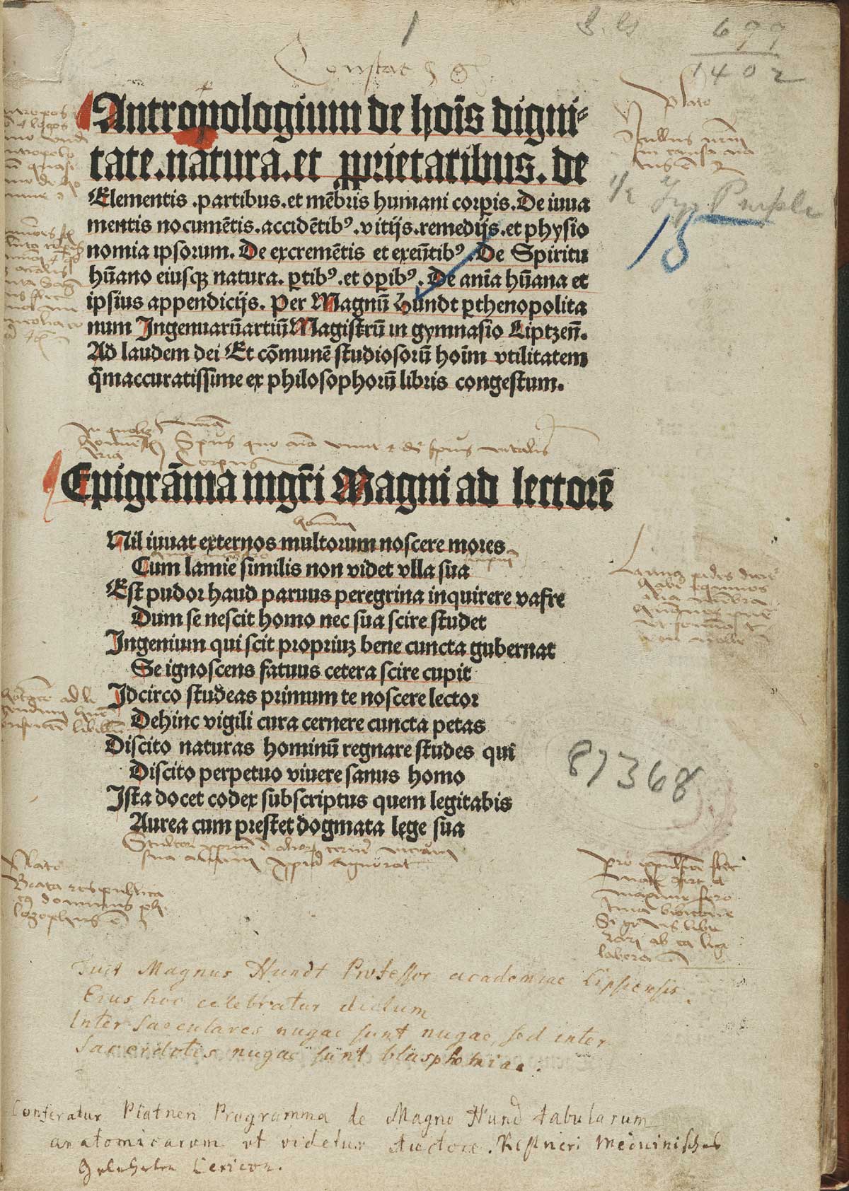 The titlepage of Magnus Hundt's Antropologium de hominis dignitate, natura et proprietatibus, de elementis, partibus et membris humani corporis.