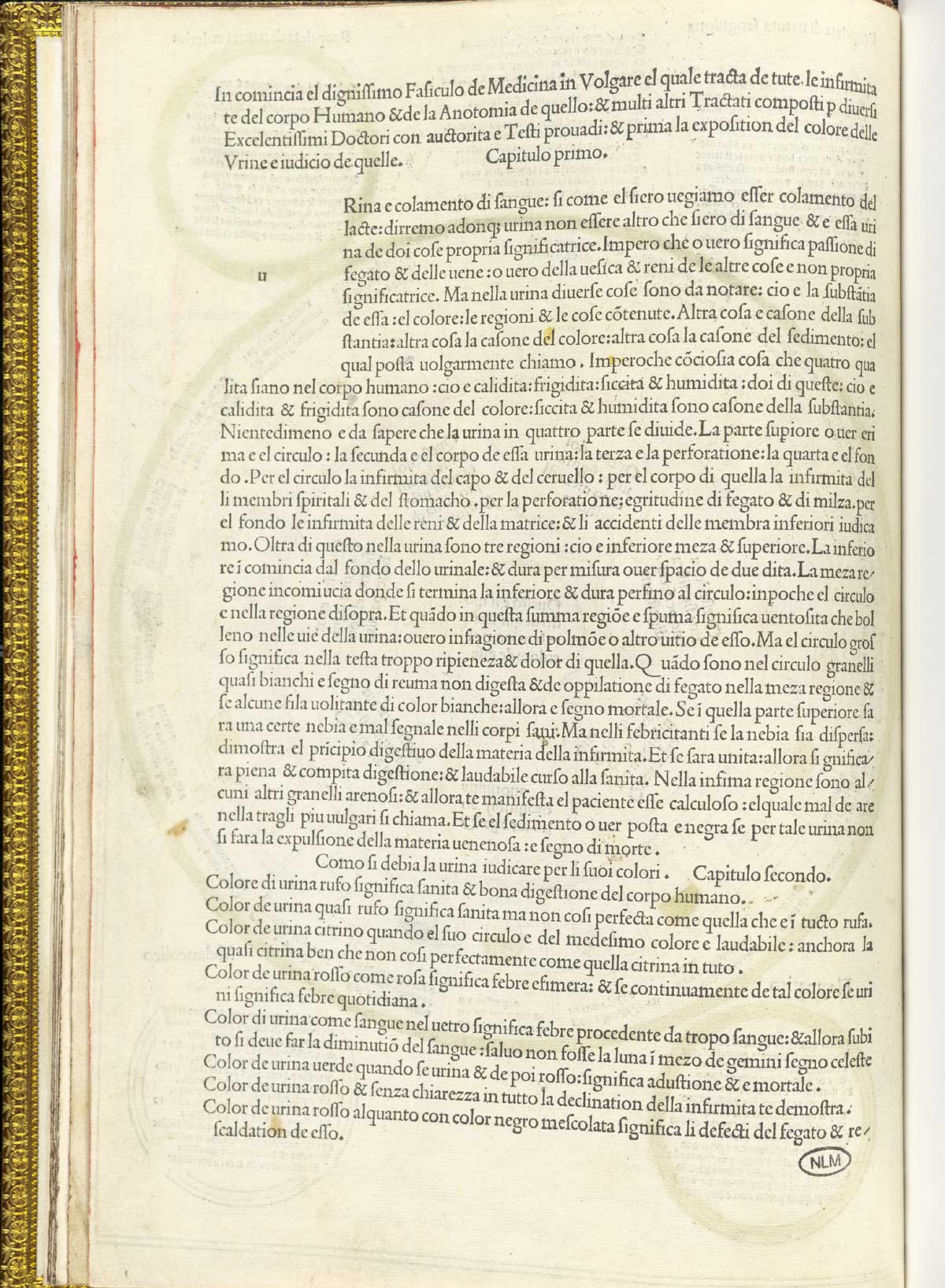 Page 4 of Johannes de Ketham's Fasiculo de medicina dealing with urine. At the bottom right corner of the page is the NLM stamp.