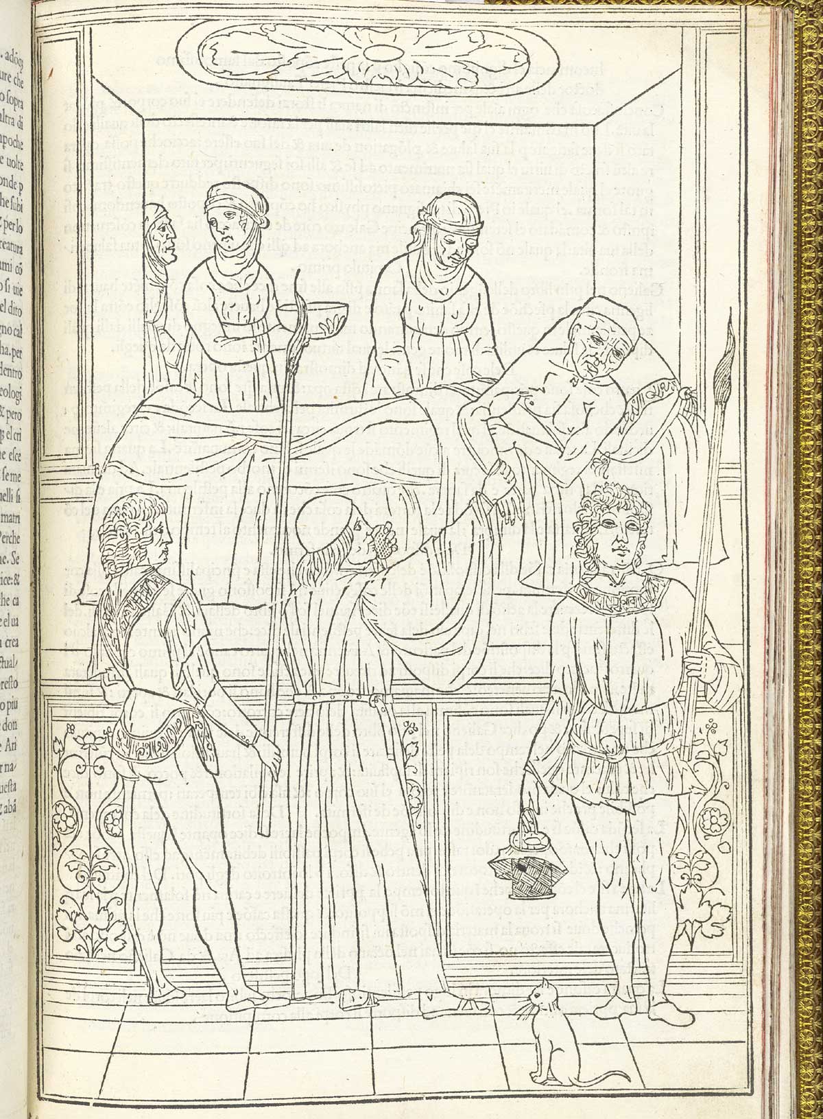 Page 51 of Johannes de Ketham's Fasiculo de medicina, featuring a visit to a plague victim. The image shows a plague victim who, judging from his face, is in bad shape but, judging from the setting, rather privileged. A physician is visiting the patient at home. He is taking the pulse, while holding to his nose a sponge soaked with wine vinegar. Three women are attending to the patient, and two men are standing next to the physician; a cat sits on the floor in lower right corner.