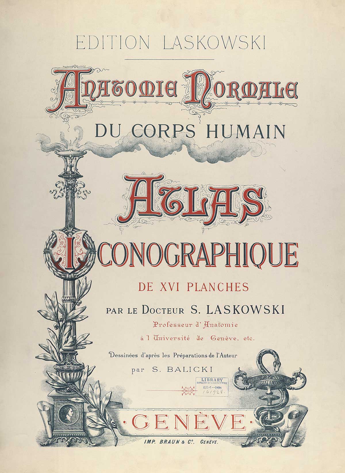 Titlepage of Sigismond Laskowski's Anatomie normale du corps humain: atlas iconographique de XVI planches, featuring the illuminated opening giving the title of the treatise in Arabic (hadha kitab Tashrih al-badan), drawn in ink and opaque watercolours.
