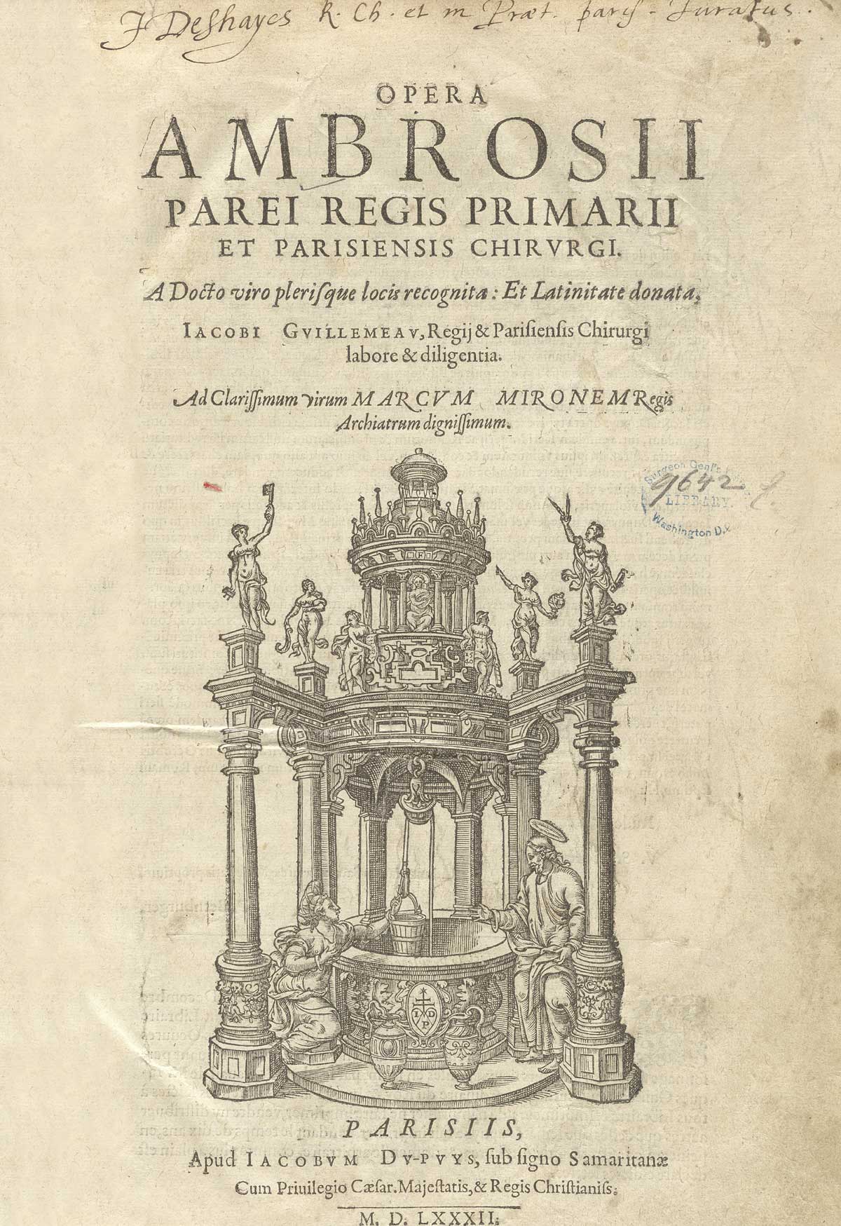 Title page of the 1582 first Latin edition of Ambroise Paré’s Oeuvres.