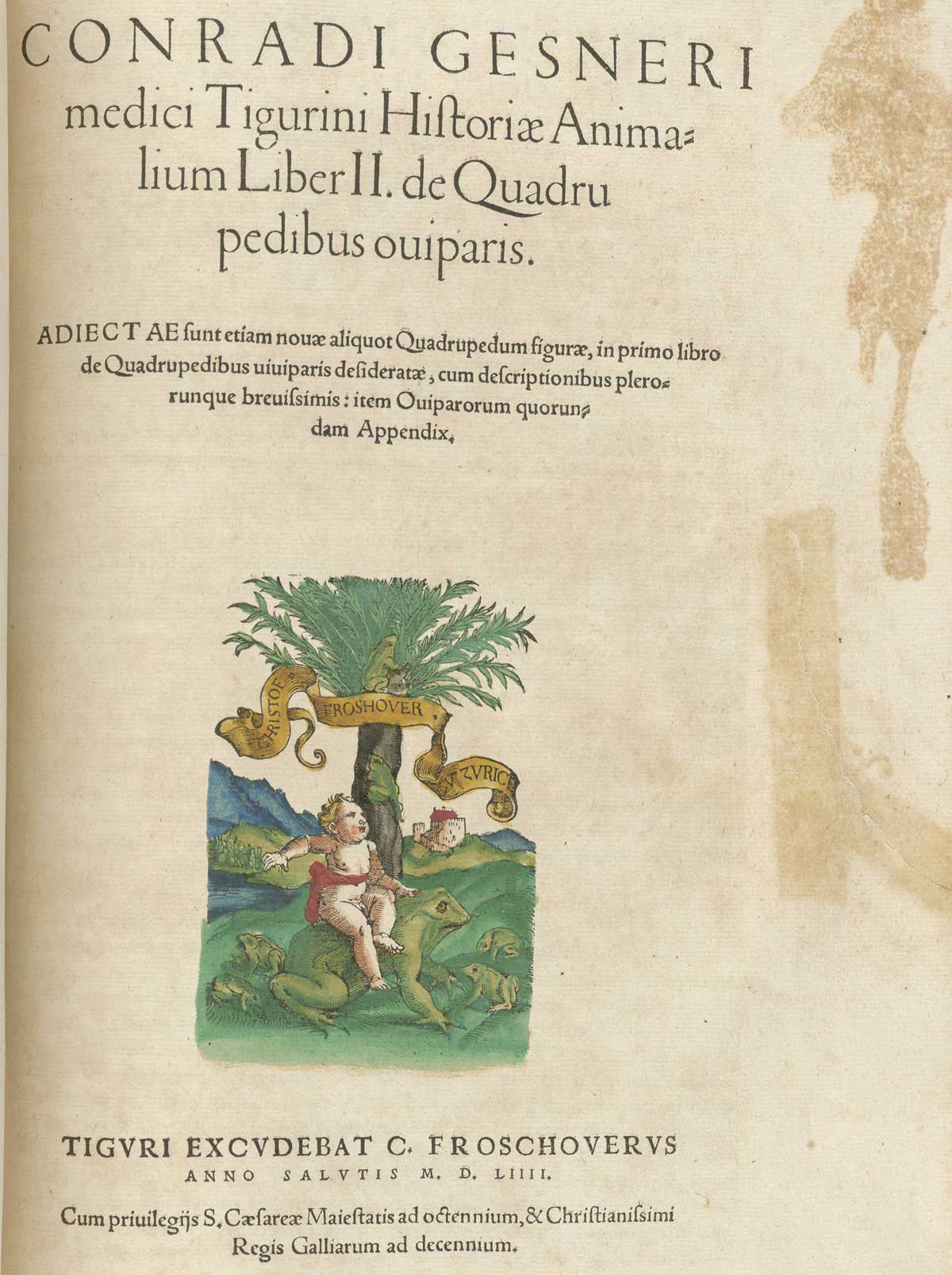 The titlepage from volume 2 of Conrad Gessner's Conradi Gesneri medici Tigurini Historiae animalium, featuring the Christoph Froschauer's printer device.