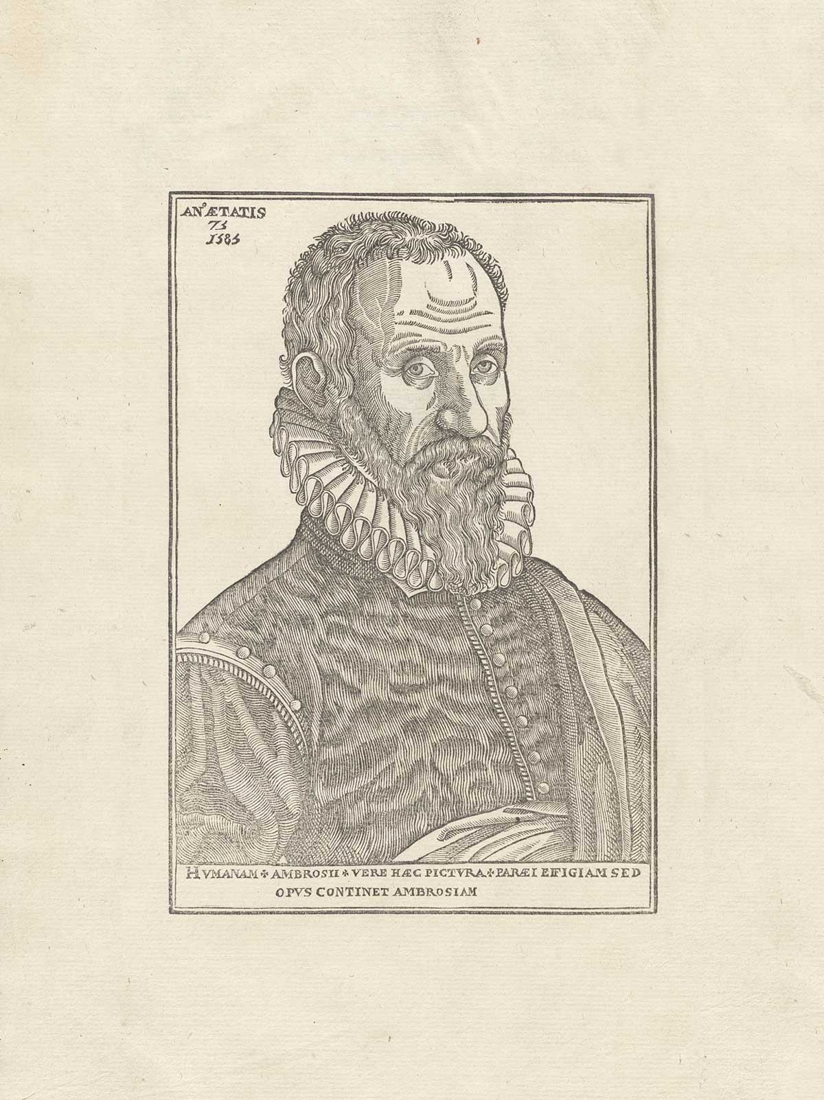 Woodcut portrait of Ambroise Paré, showing head and shoulders, right pose, from his Oeuvres, NLM Call no.: WZ 240 P227 1585.