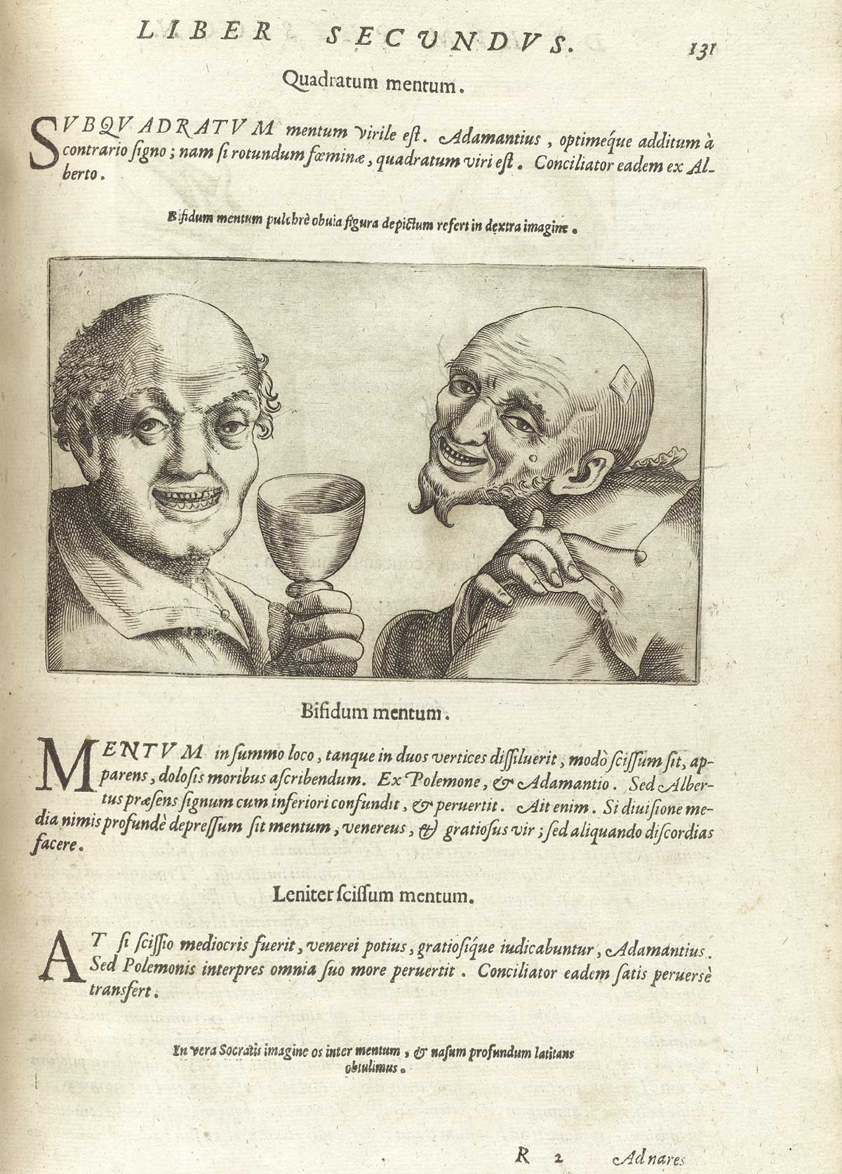 Page 131 of Giambattista della Porta's De humana physiognomonia libri IIII, featuring the head and shoulders frontal view of two smiling men. The man on the left is holding a cup in his left hand between the two men.