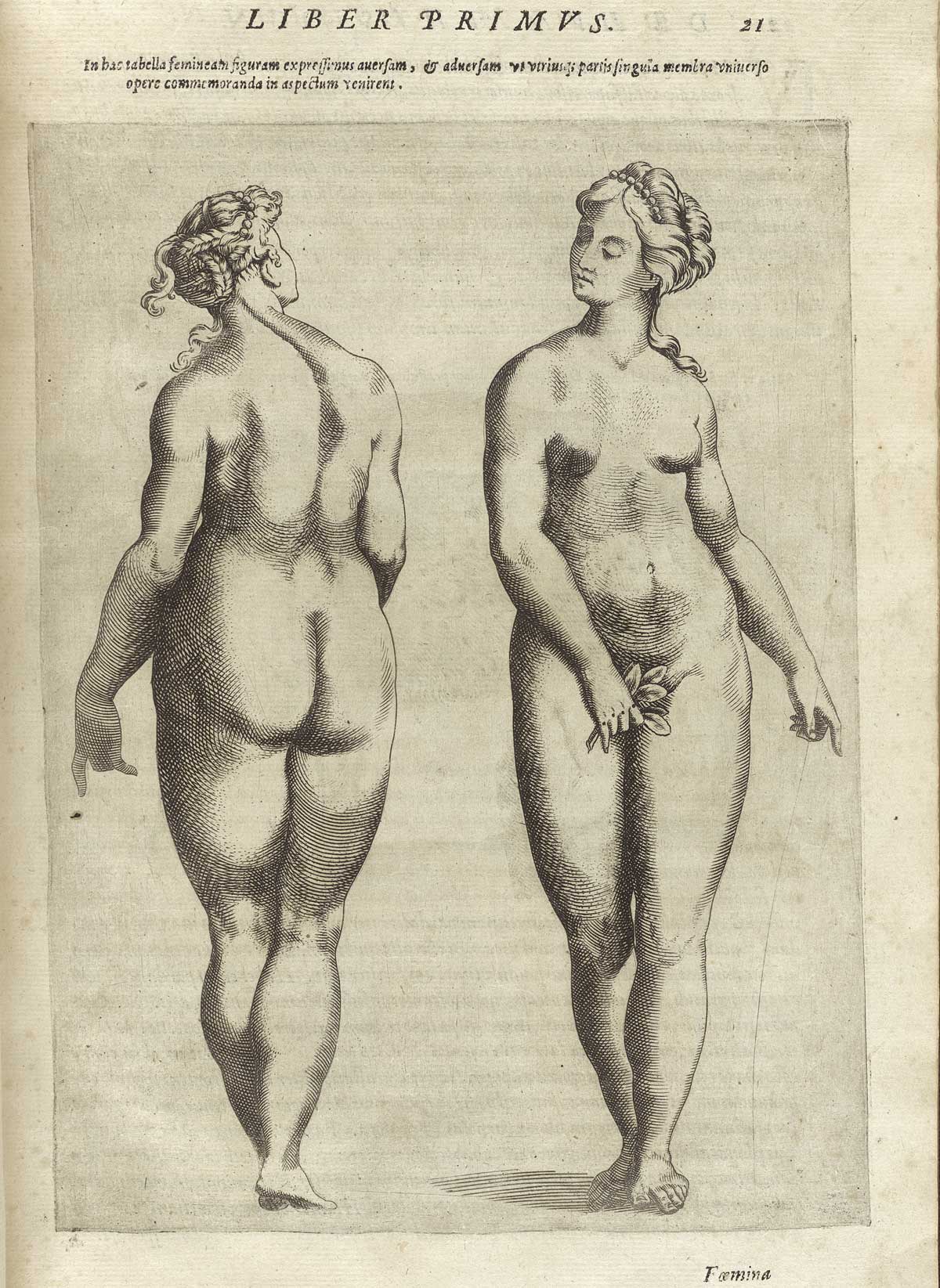 Page 21 of Giambattista della Porta's De humana physiognomonia libri IIII, featuring on the left side of the page the full length posterior view of a nude woman and on the right side of the page the full length frontal view of a nude woman.