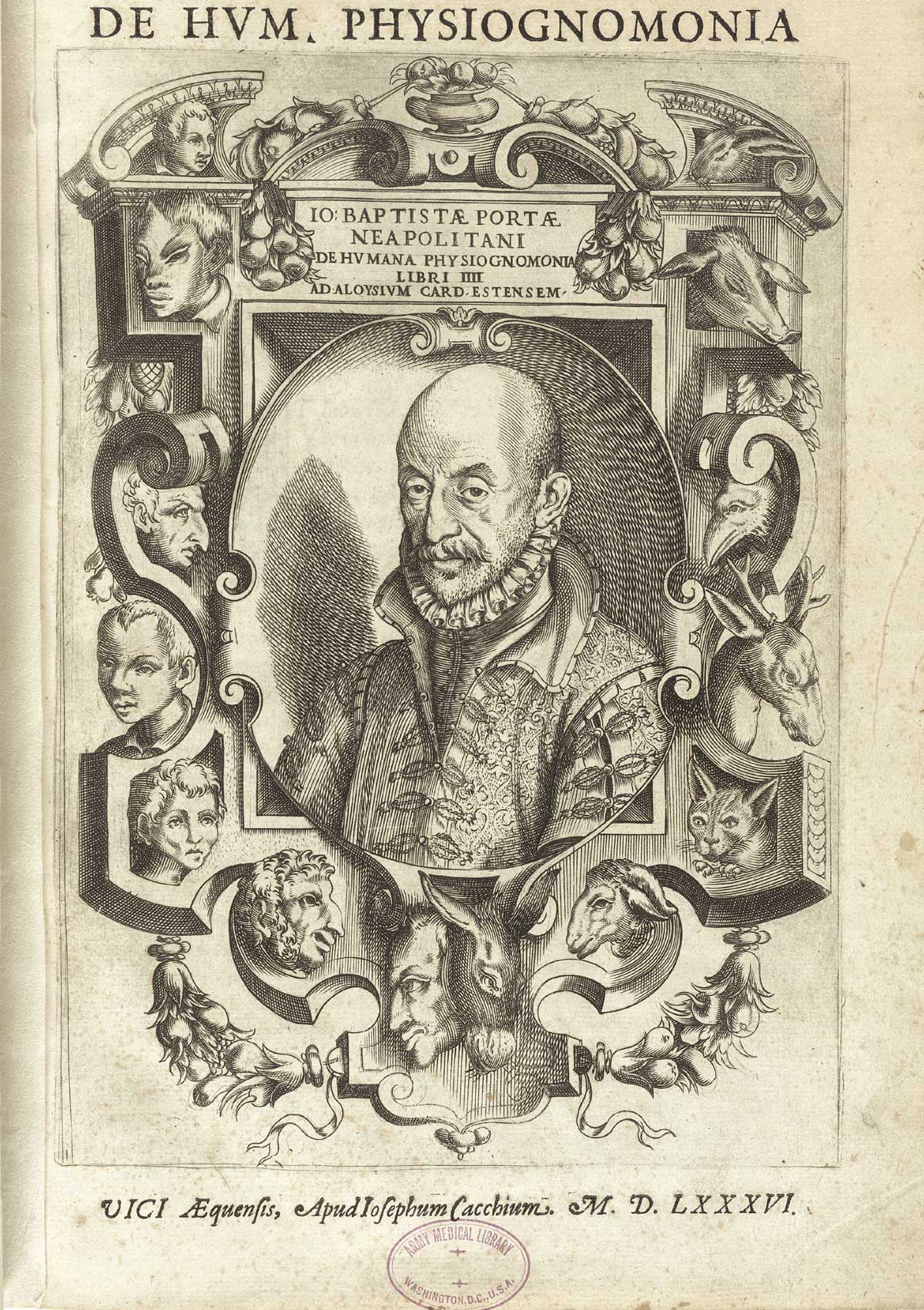 Title page of Giambattista della Porta's De humana physiognomonia libri IIII, featuring the head and shoulders view of Porta in an oval surrounded on the left by faces of humans and on the right faces of animals.